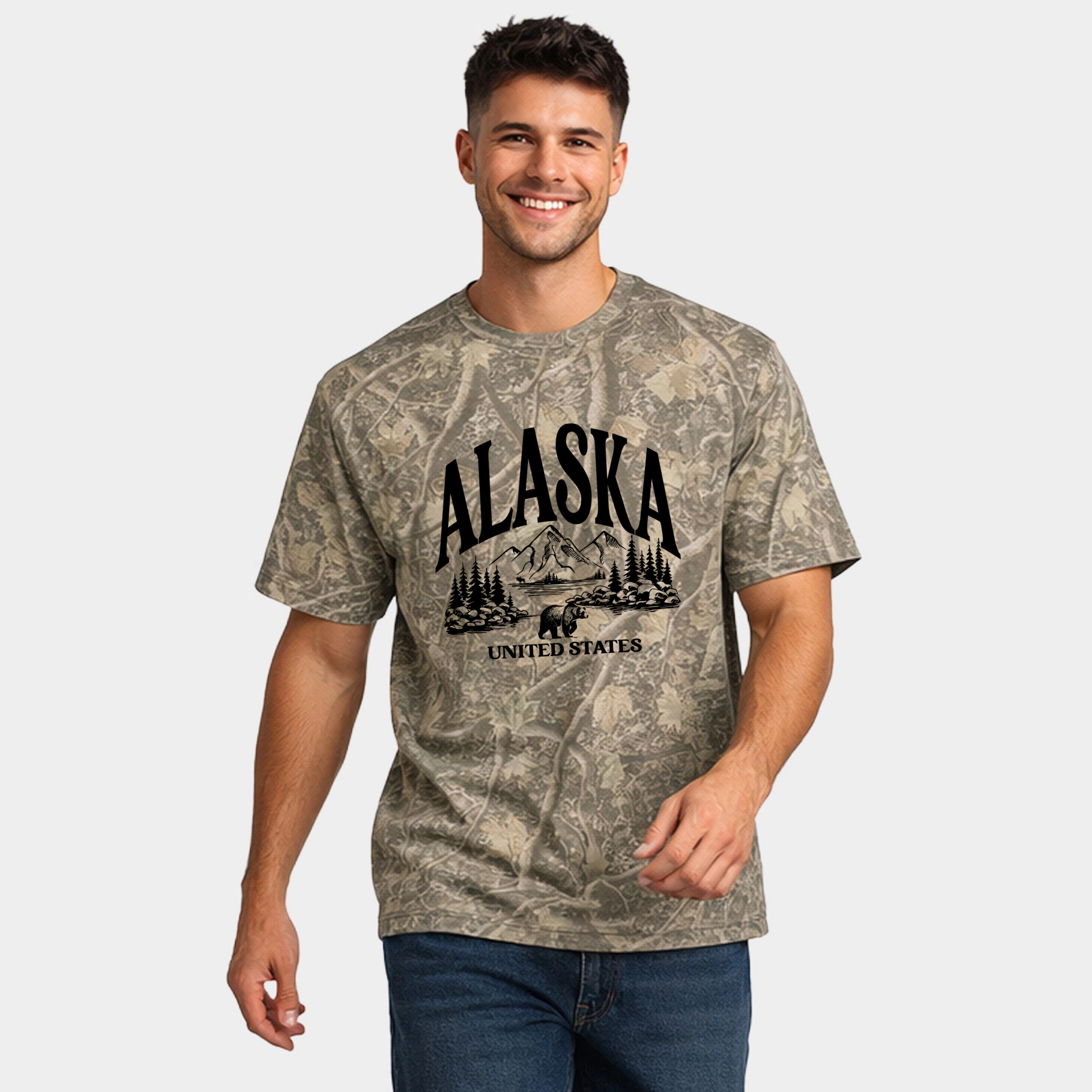 Simply Sage Market - Men's Heavyweight Camo Tee Alaska Forest Scene
