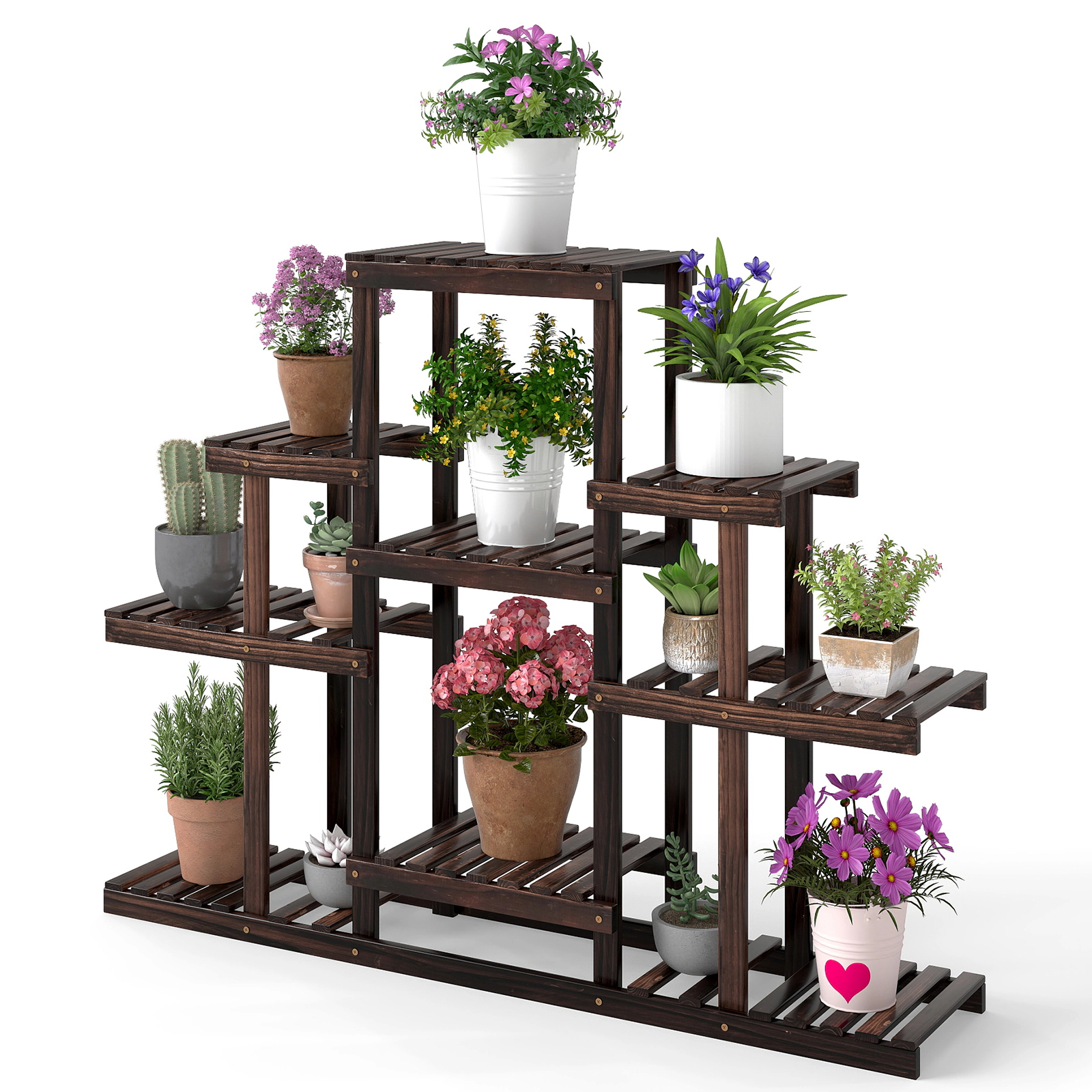 SUGIFT Multi-Tier Pine Wood Corner Plant Stand 47 x 10 x 38 in Frame 33-lb Per Layer Capacity 6-Tier 9-Pot Display Brown