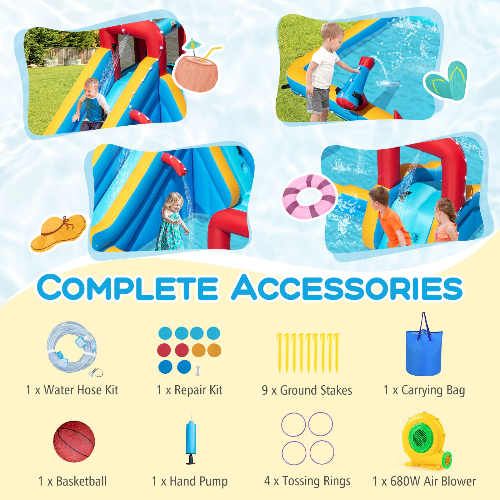 SUGIFT 680W Blower 9-in-1 Kids Inflatable Double Water Slide Park Giant Bounce House