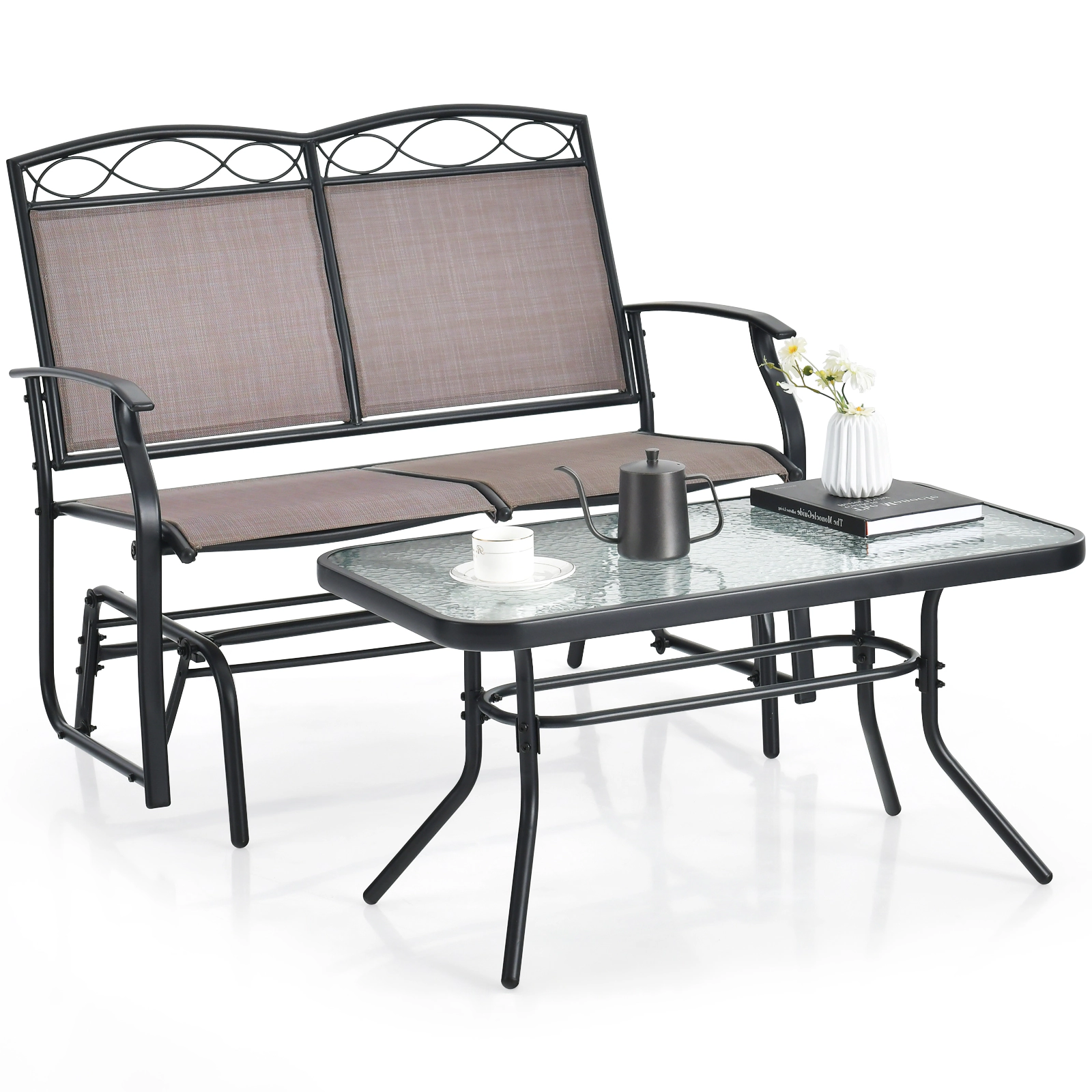 SUGIFT Outdoor Gliding Loveseat Conversation Set with Tempered Glass Coffee Table 800-lb Loveseat Capacity Brown + Black