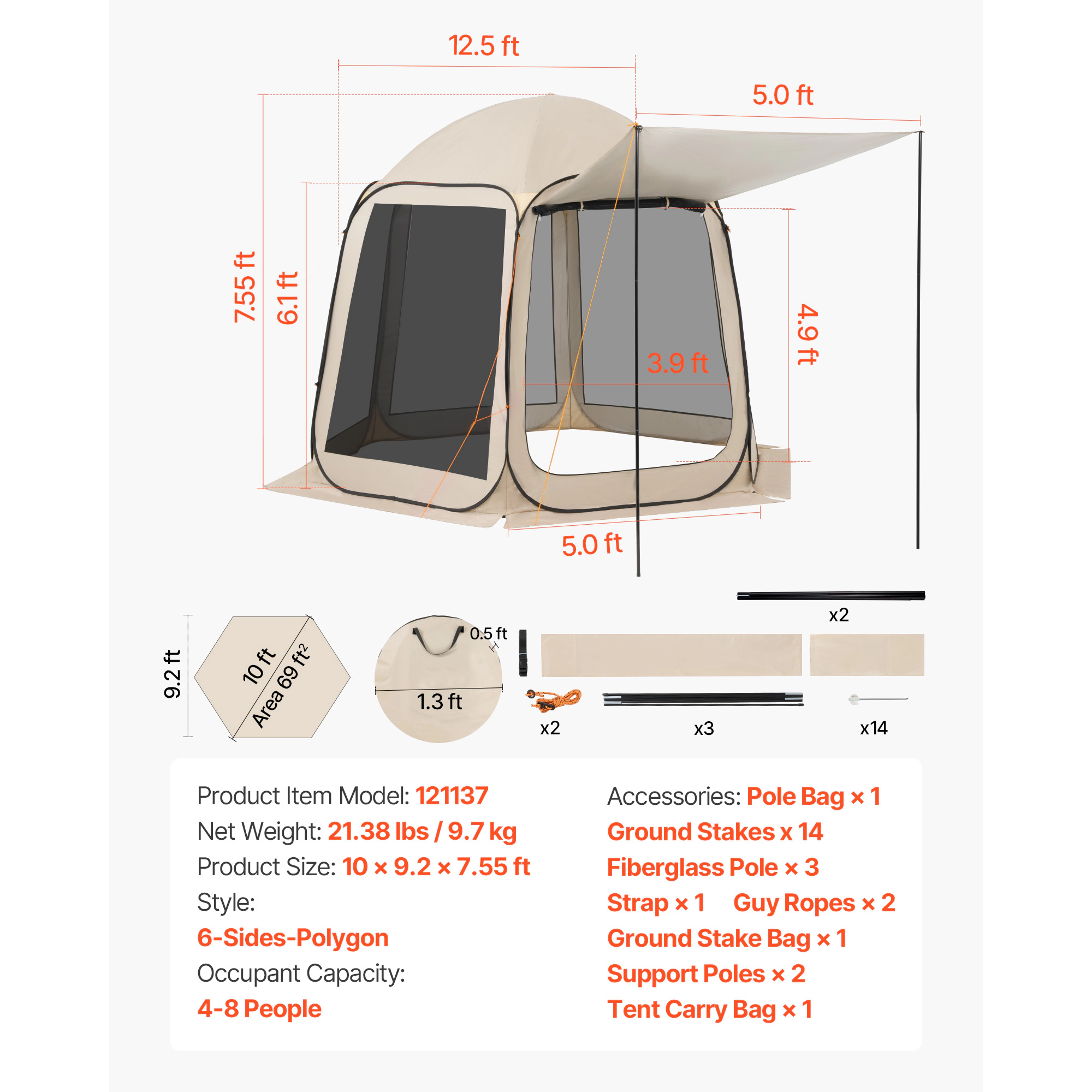 HONGGE Screen House Tent Pop Up Screen Tent with Extended Awning Portable Screened in Canopy with Carry Bag Netting