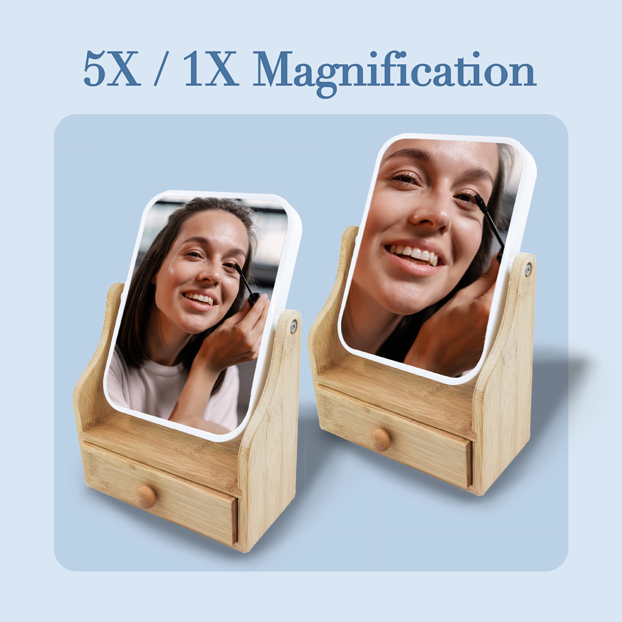 Pursonic Women's Dual-Sided Vanity Mirror with 1X & 3X Magnification, 360° Swivel Design & Bamboo Drawer Base for Makeup and Grooming