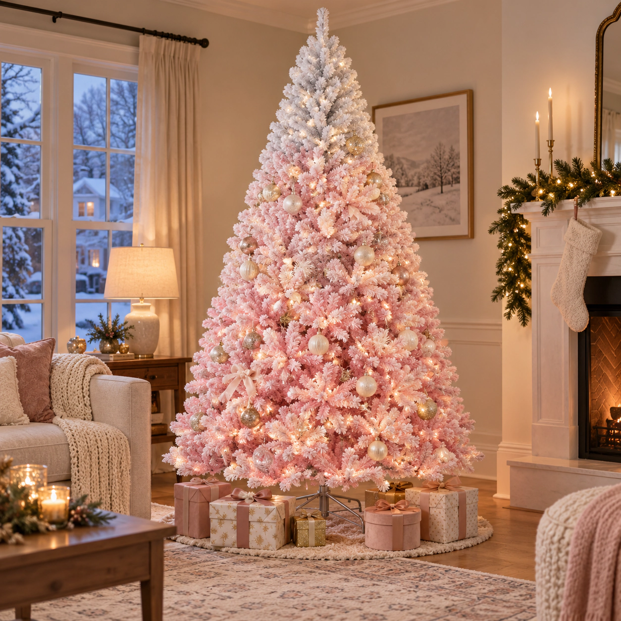 SUGIFT 8-ft Gradient Flocked Artificial Christmas Tree with 1774 Branch Tips and Folding Metal Stand White/Pink