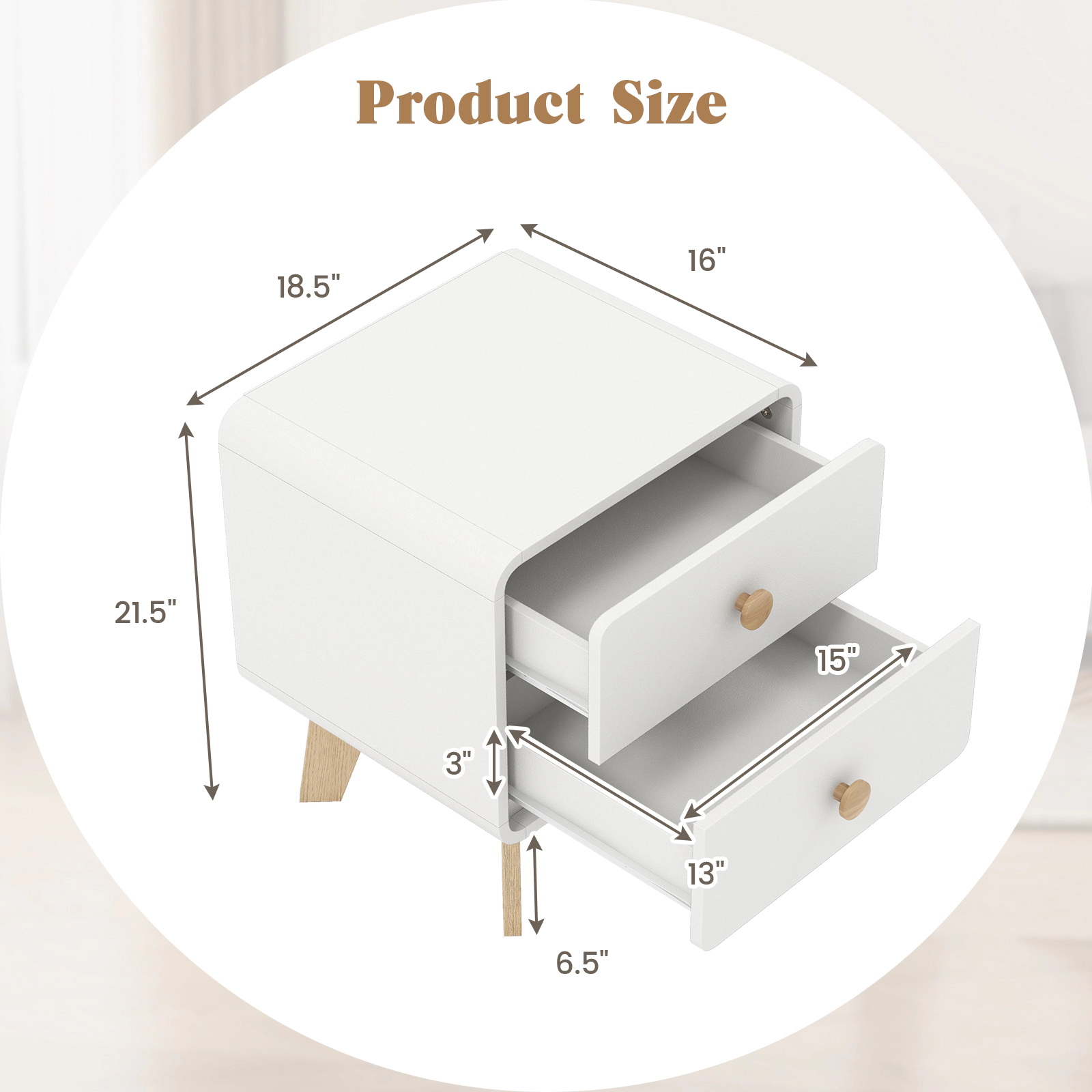 SUGIFT 2-Drawer Nightstand with Solid Rubber Wood Legs 110-lb Tabletop Capacity Brown/White