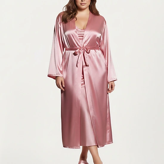 Anna-Kaci Women's Plus Size Satin Robe and Slip Set with Smooth Draping Fabric and Elegant Silhouette