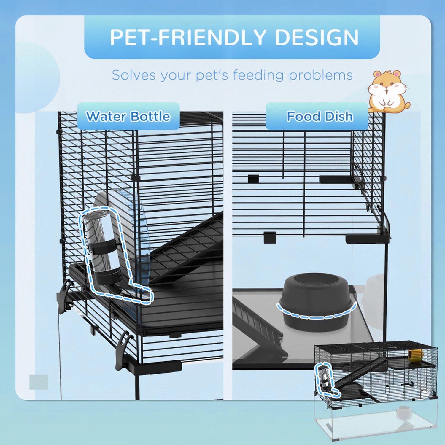 HONGGE Hamster Cage Gerbil Cage with Glass Basin for Small Hamsters Black
