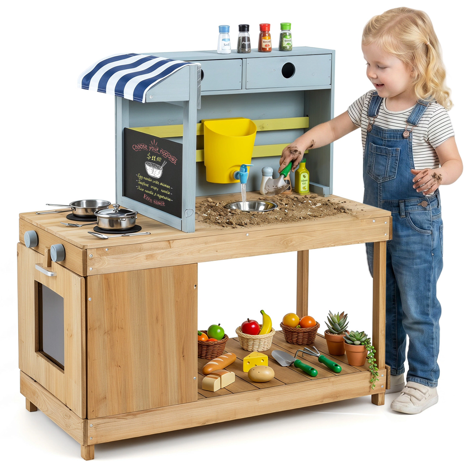LJG Fir Wood Kids Kitchen Playset with Canopy and Faucet