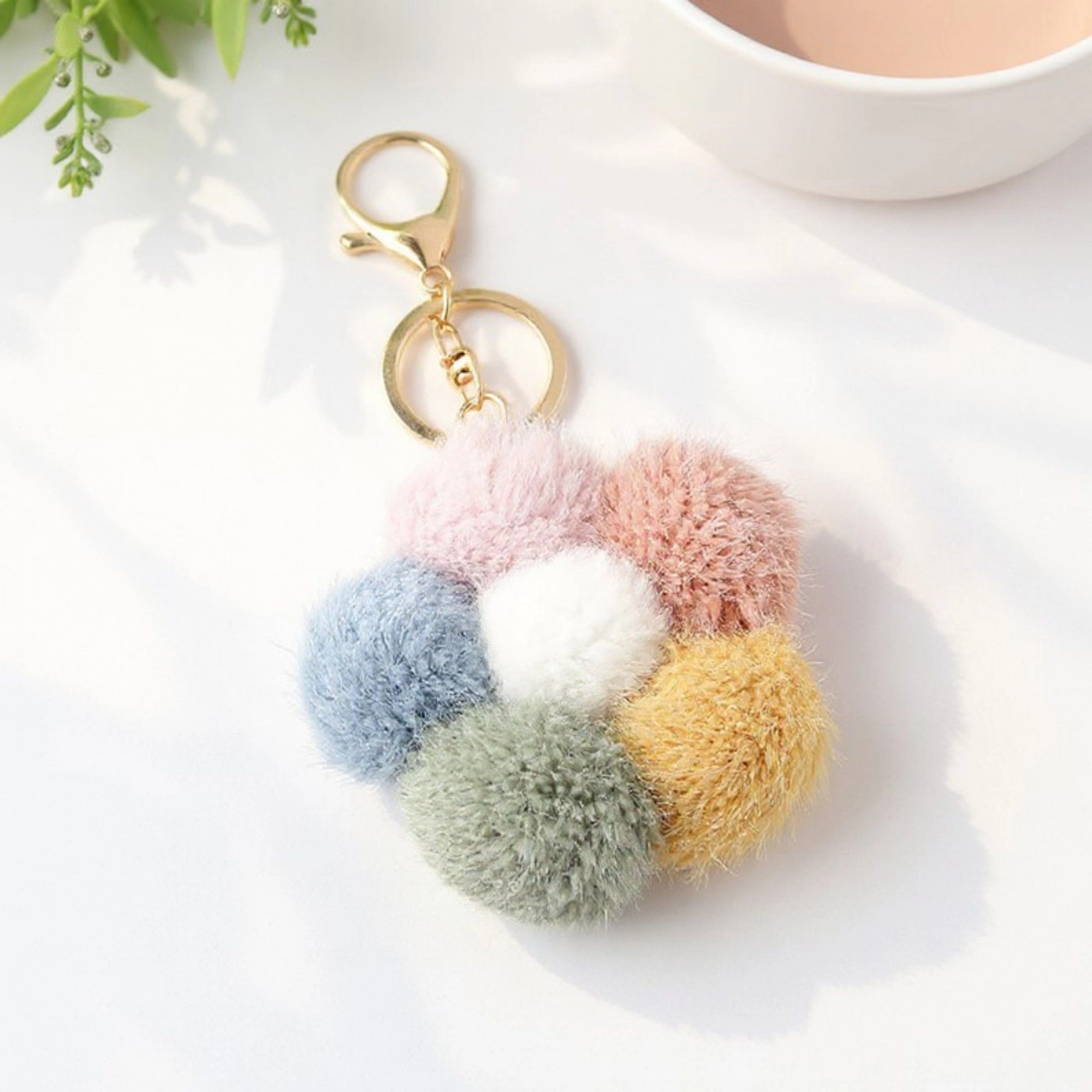 Alilang Women's Multicolor Pom Pom Keychain with Gold Flower Charm and Smiley Accent