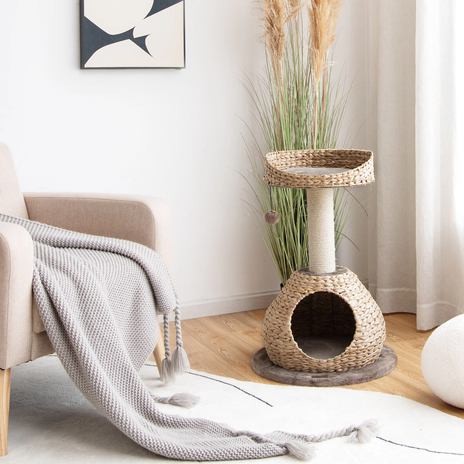 SUGIFT Coffee 28 in Hand-Made Cat Tree with Water Hyacinth Weave and Jump Platform