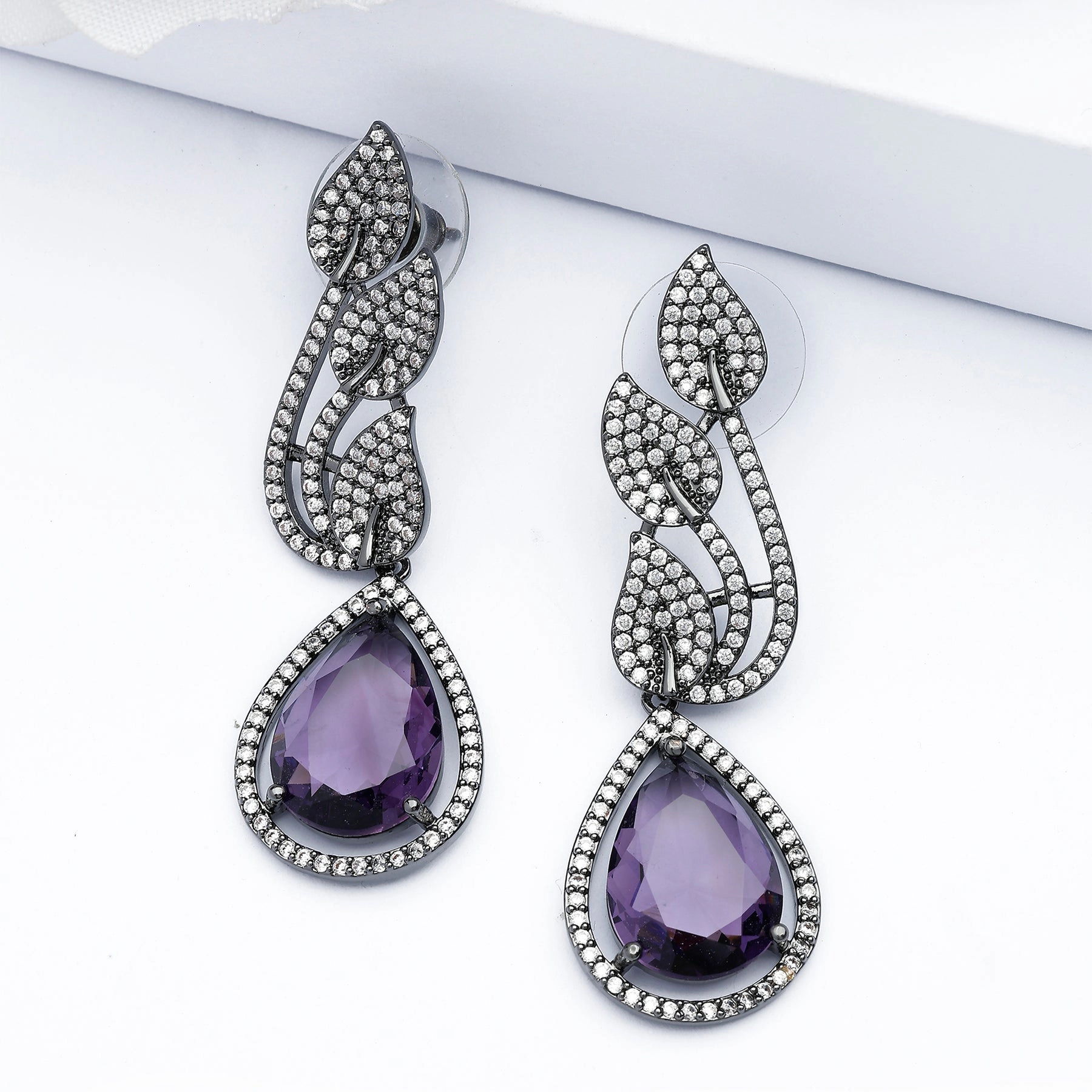 AGP PARIS Womens Contemporary Leaf-Shaped Purple Drop Earrings
