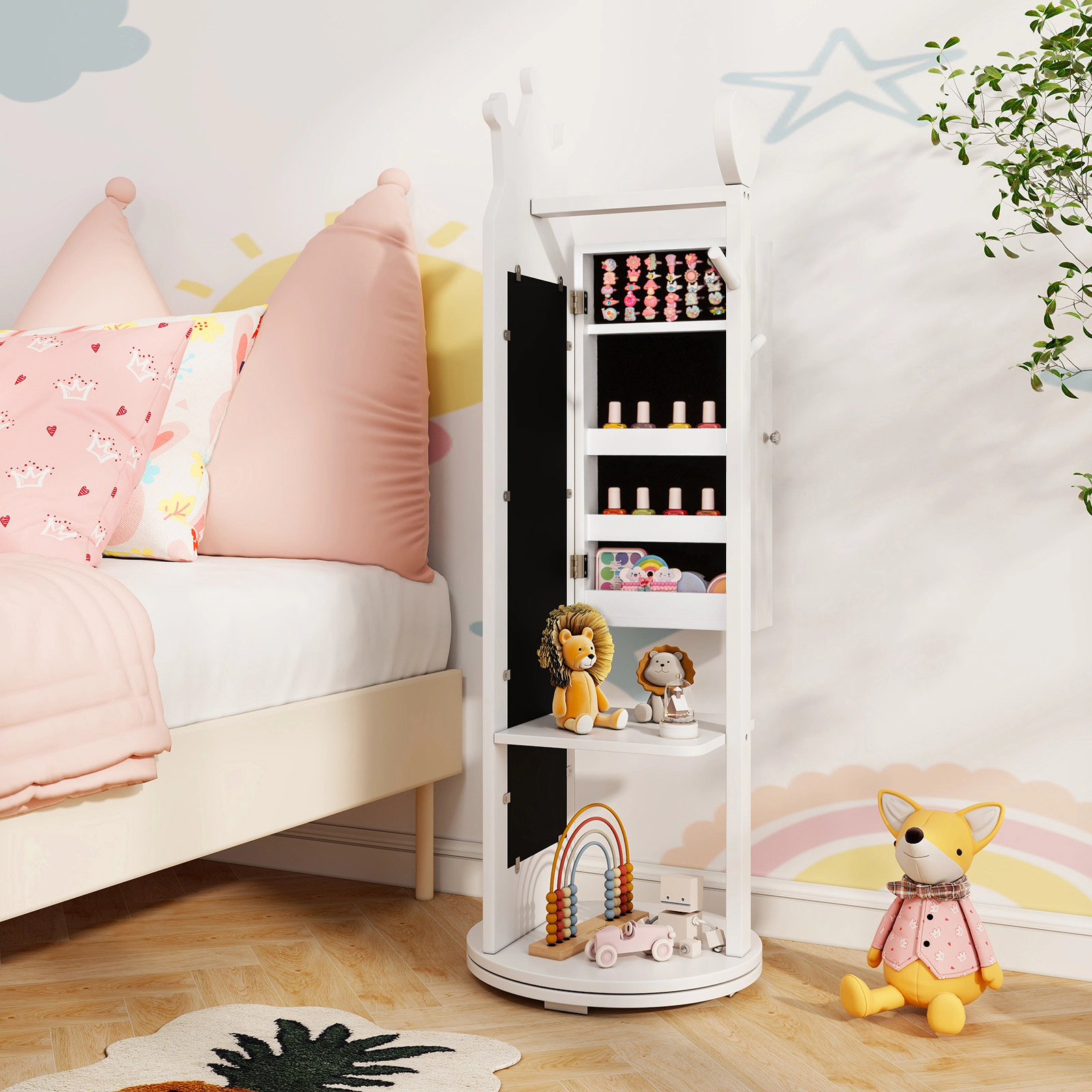SUGIFT Free-Standing Full Length Mirror Kids Jewelry Armoire Cabinet 44-in Tall Vanities Storage 14 x 14 in Base White
