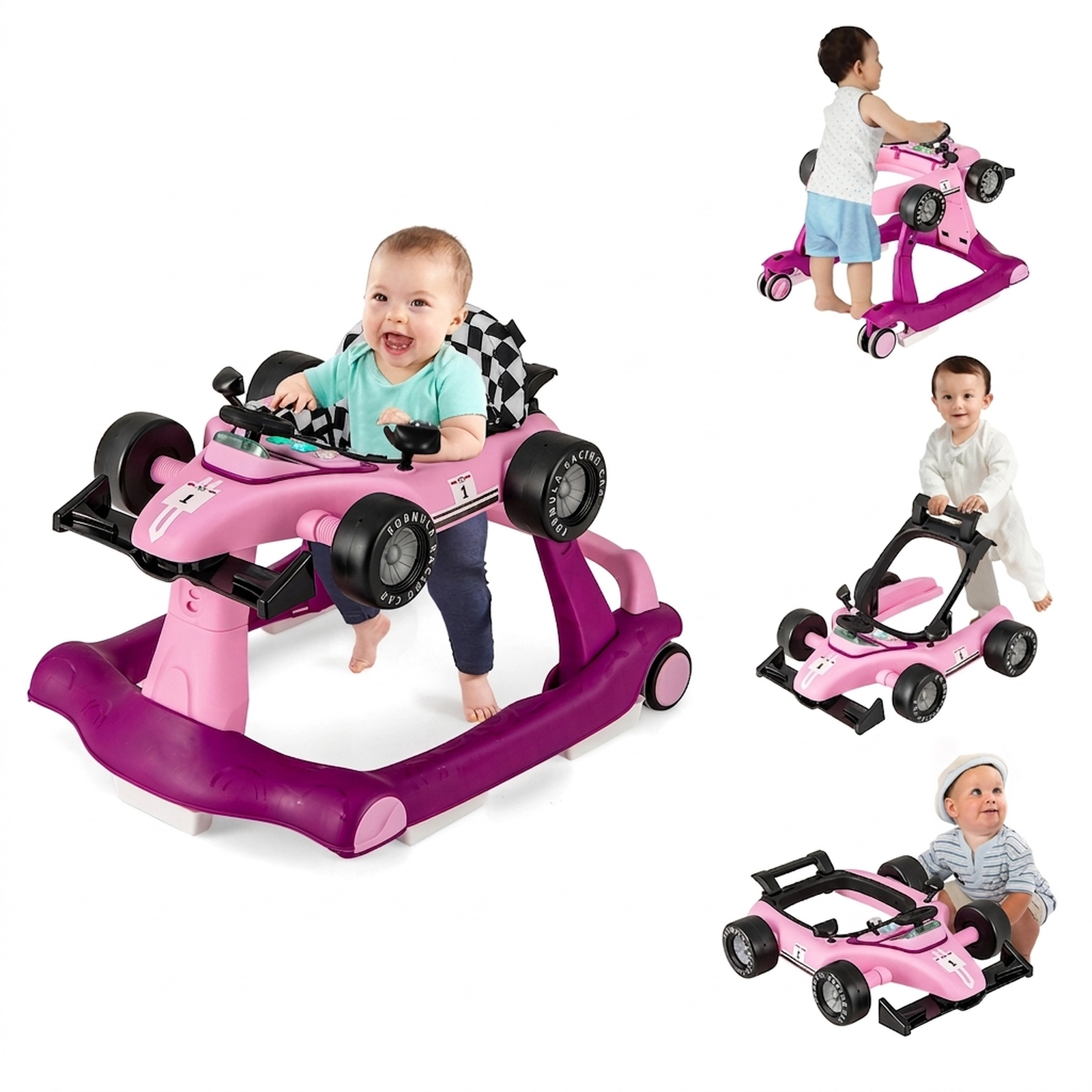 SUGIFT 4-in-1 Foldable Activity Push Walker Adjustable Height 25-lb Capacity Ages 6-18 Months 29-in Frame Purple