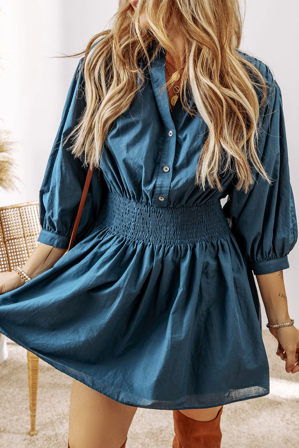 Threaded Pear Women's Vera 3/4 Sleeve Shirred High Waist Buttoned Dress