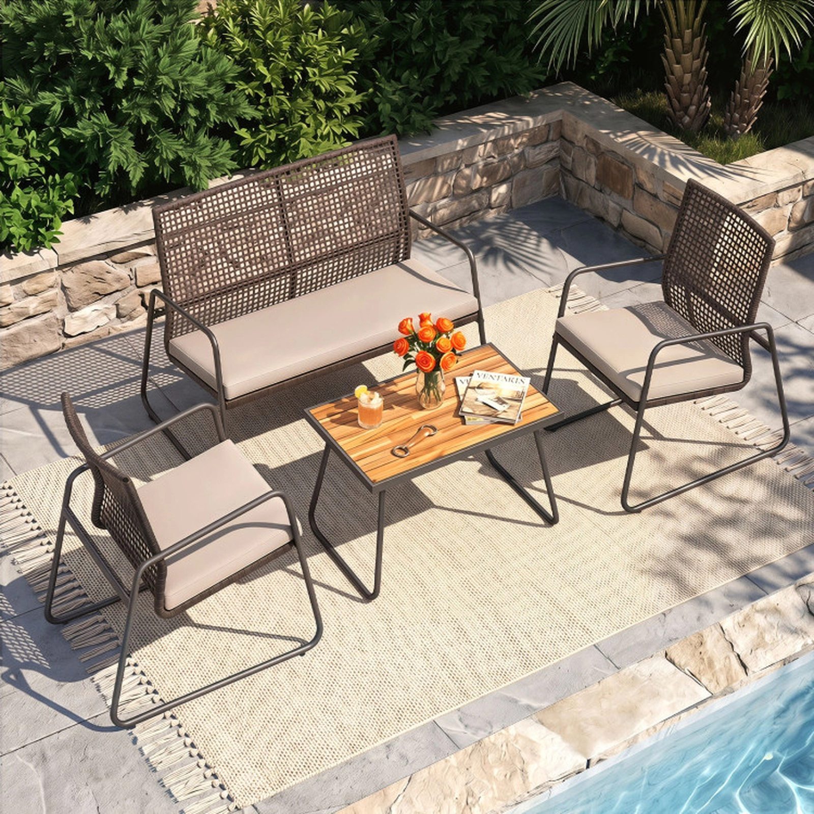 SUGIFT Brown Acacia Wood Coffee Table and Zippered Cushions 4-Piece Patio Rattan Sofa Set