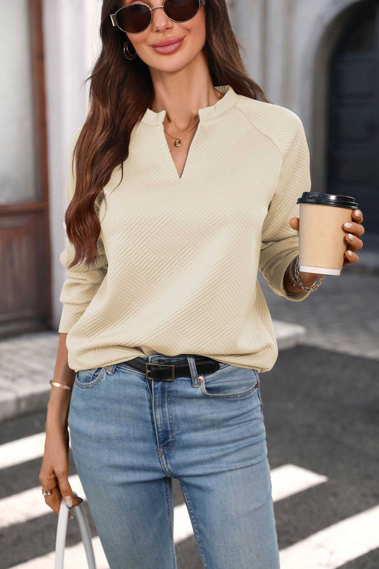 Premium Charms Womens V Neck Sweatshirt Long Sleeve Loose Fit Textured Pullover Top
