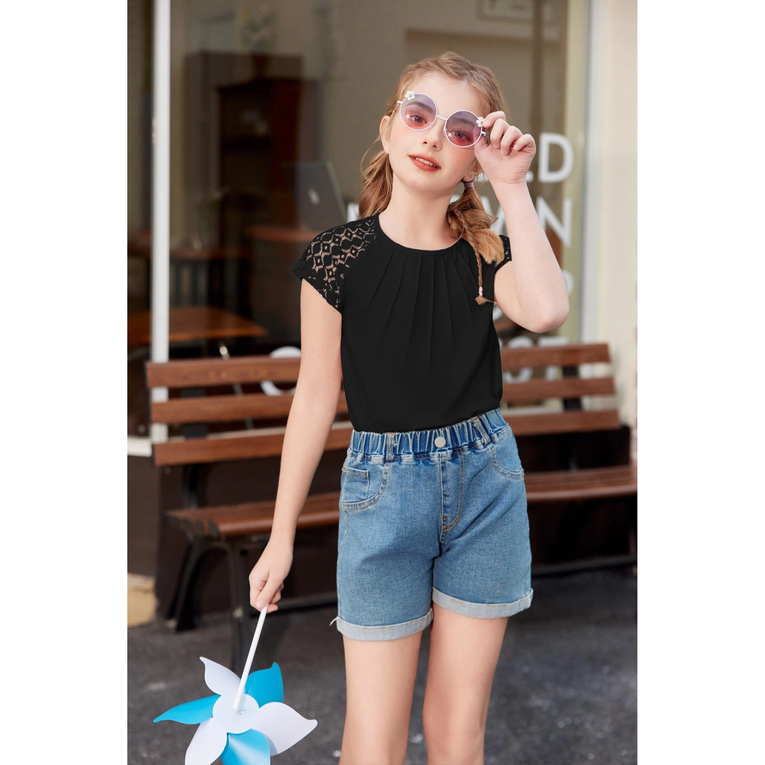 Arshiner Cute Tops For Girls Old Lace Sleeve Pleated Fashion Shirts Casual Round