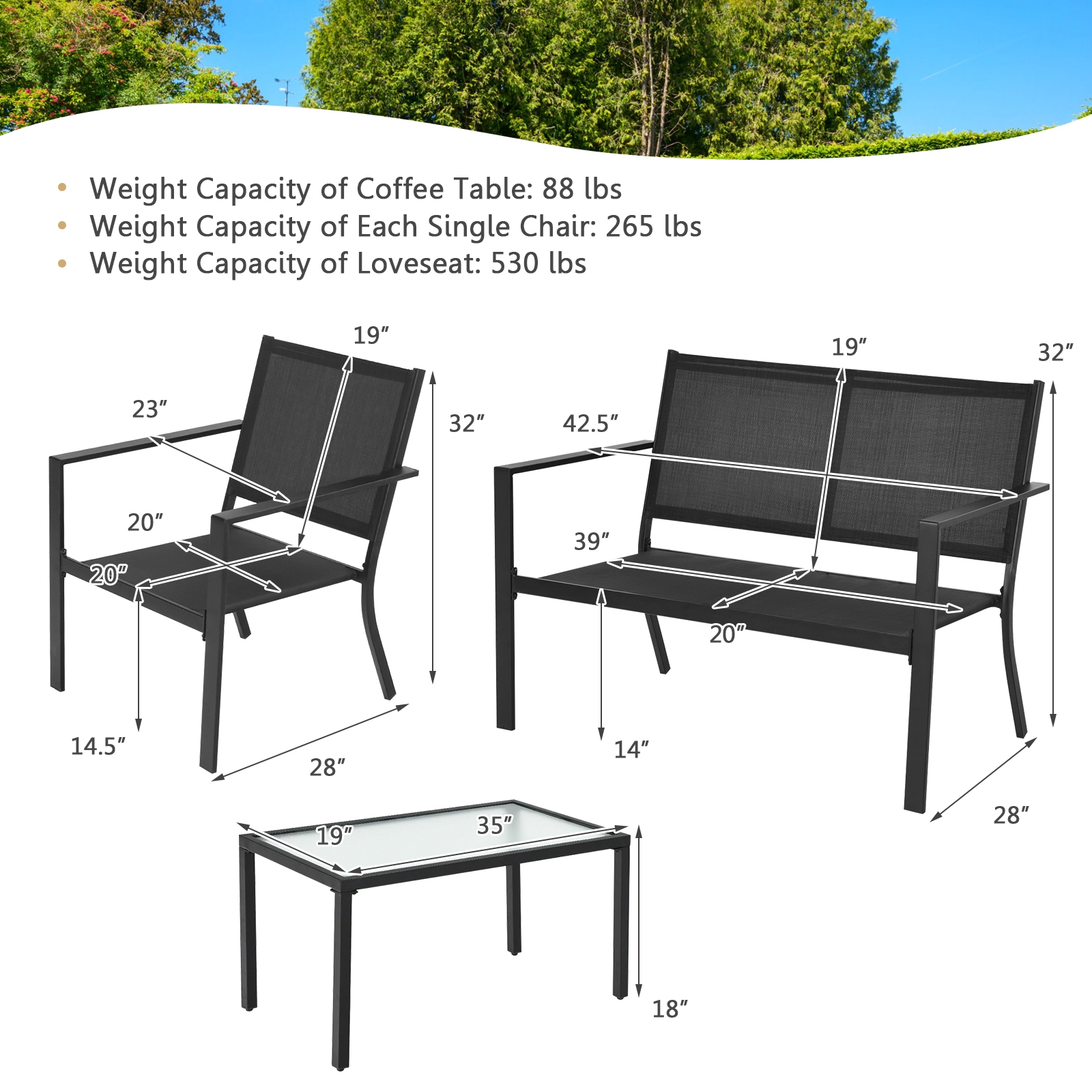 SUGIFT Gray 4-Piece Patio Conversation Set with Loveseat and Tempered Glass Table