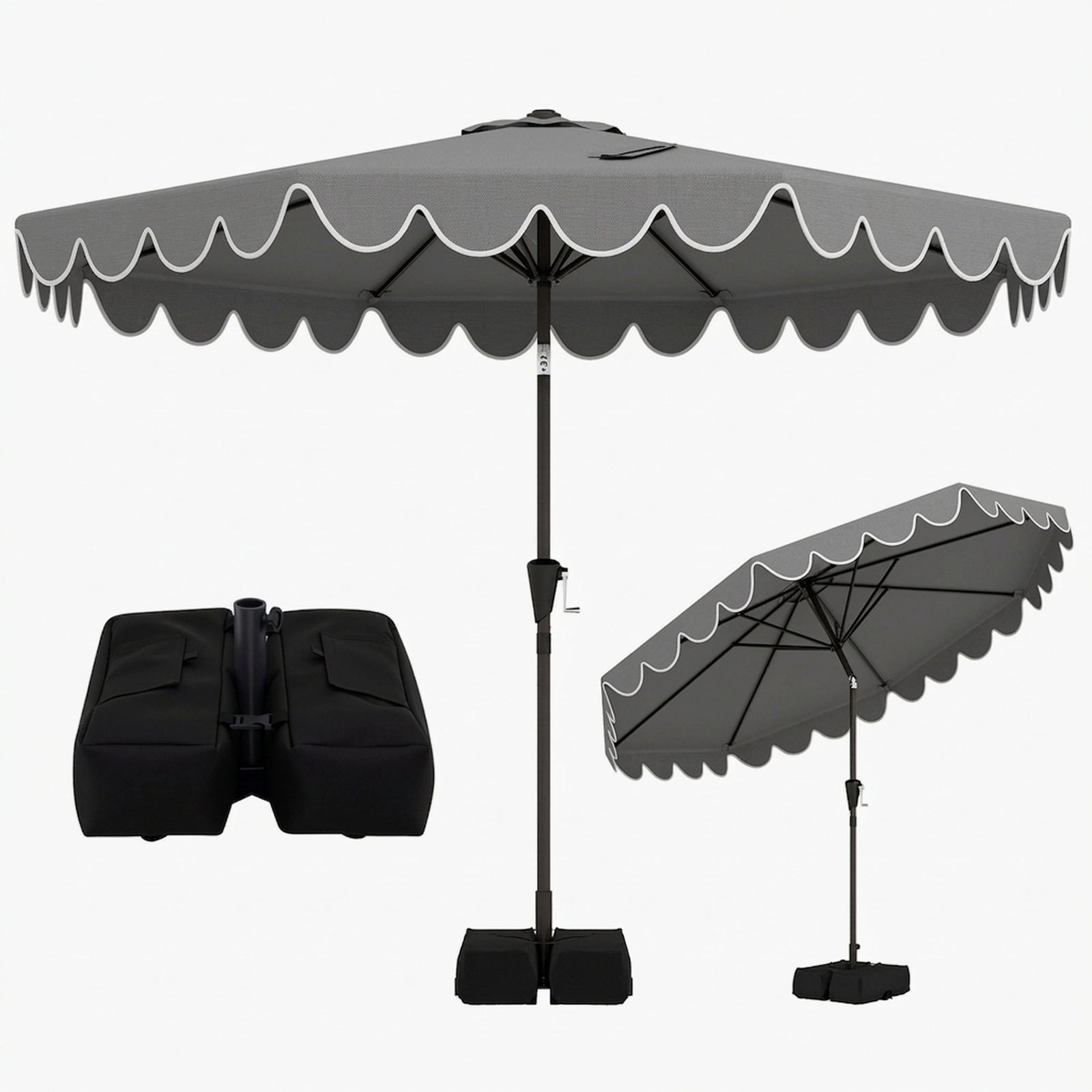 SUGIFT 10-ft Gray Market Patio Umbrella, Double-Tier Ruffled Canopy, Tilt, Crank Lift, 2 Sandbags