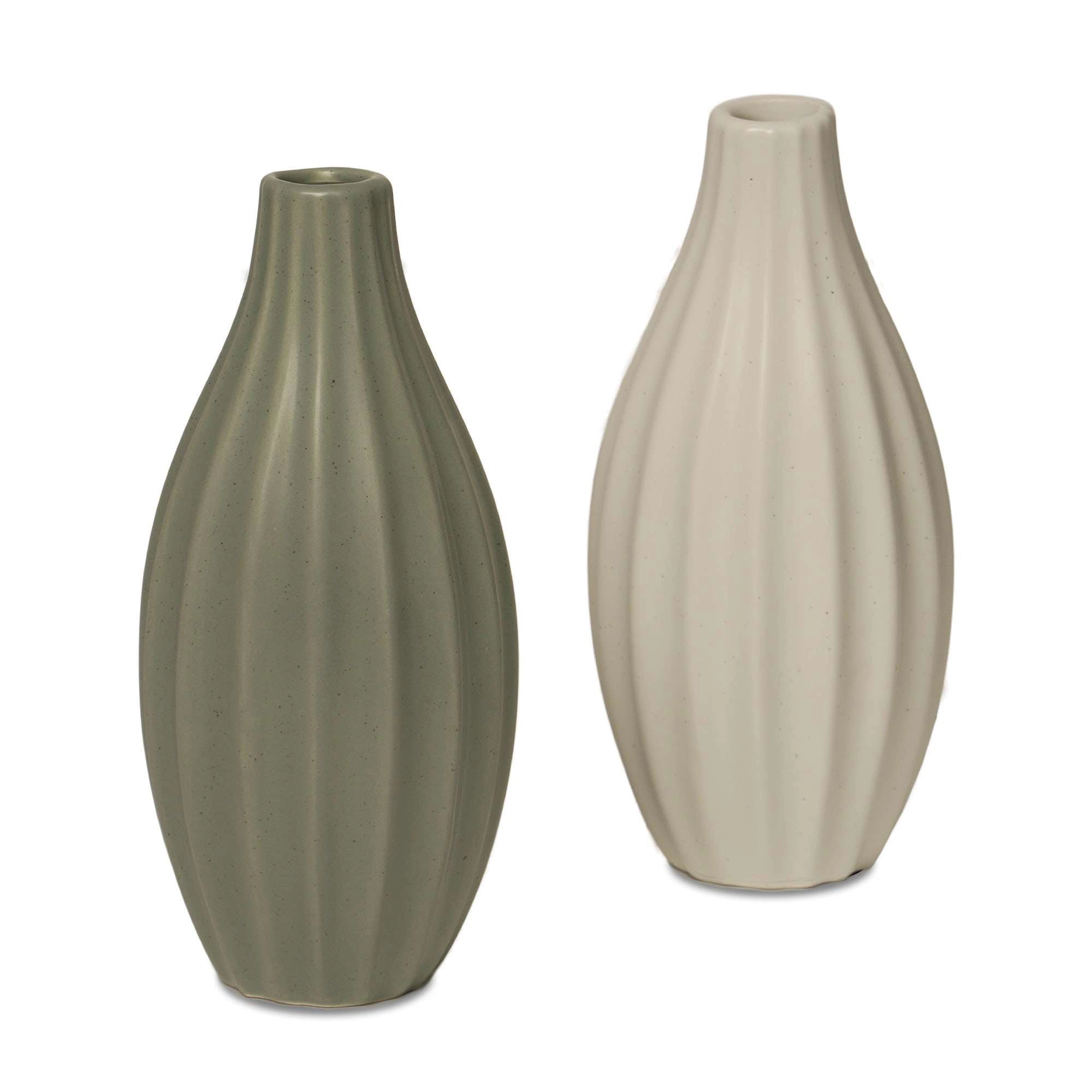 G128 Set of 2 7.75 in Ribbed Ceramic Vases Olive Green and Cream Modern Matte Home Decor