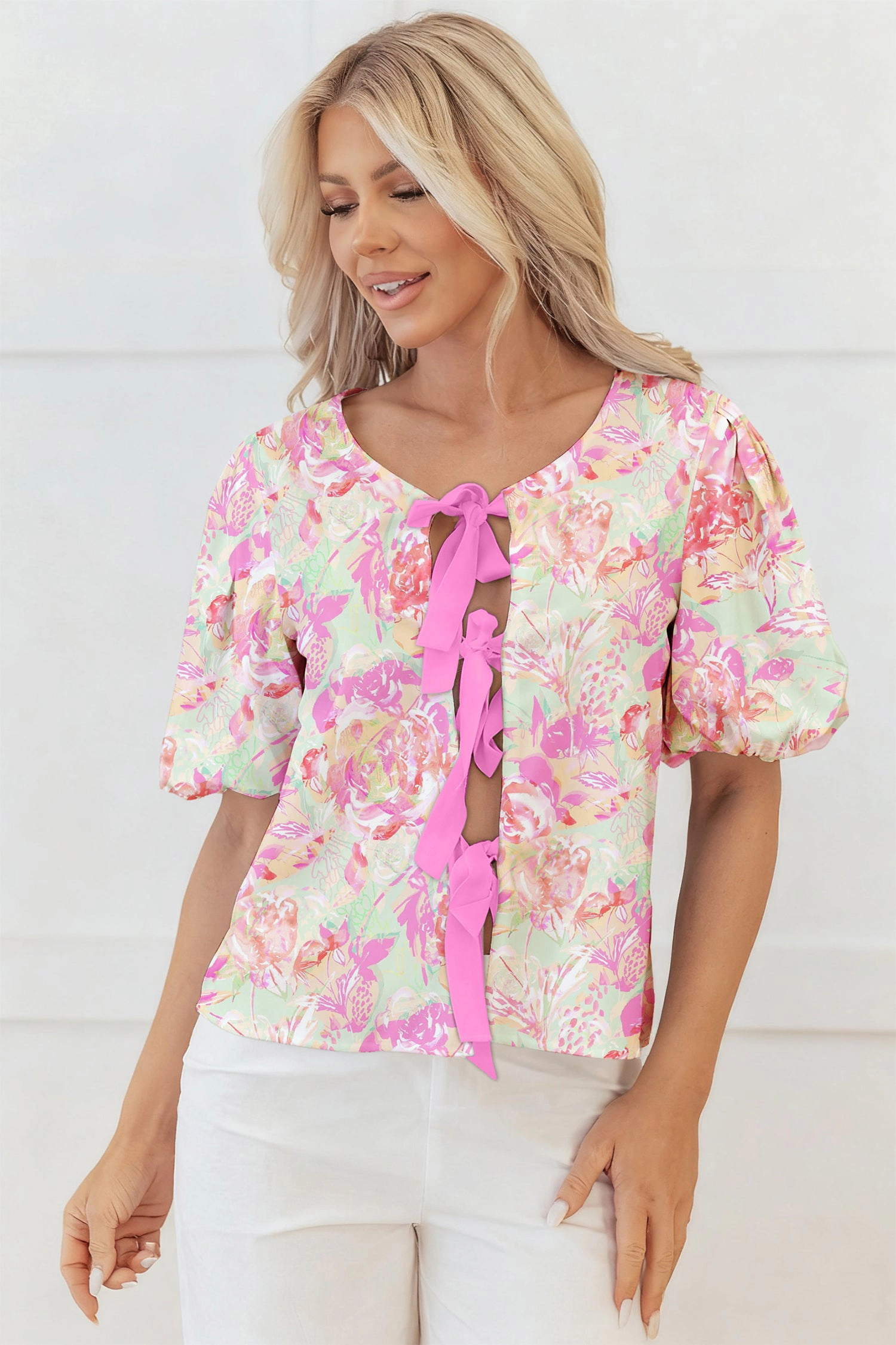 Threaded Pear Womens Ayla Short Puff Sleeve Blouse - Floral Pink