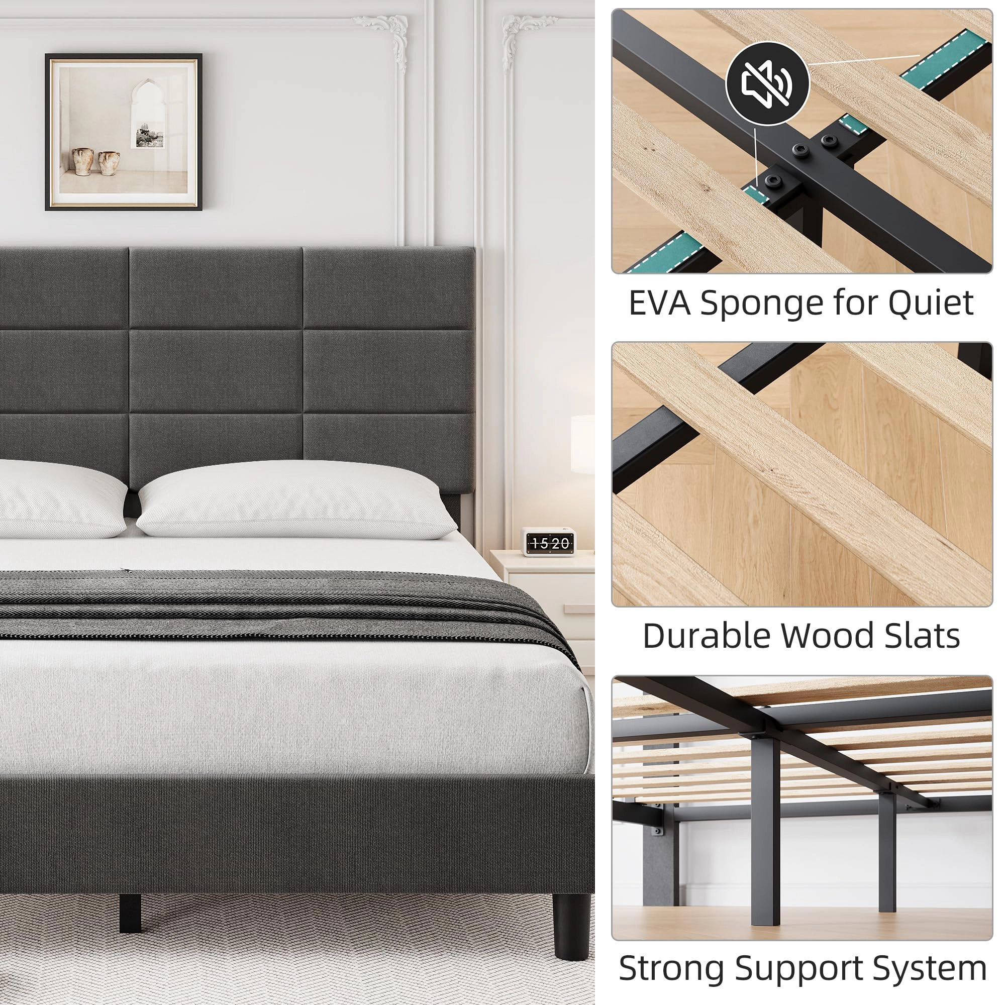 BebreezChic Grey Upholstered Full Bed Frame with Adjustable Headboard