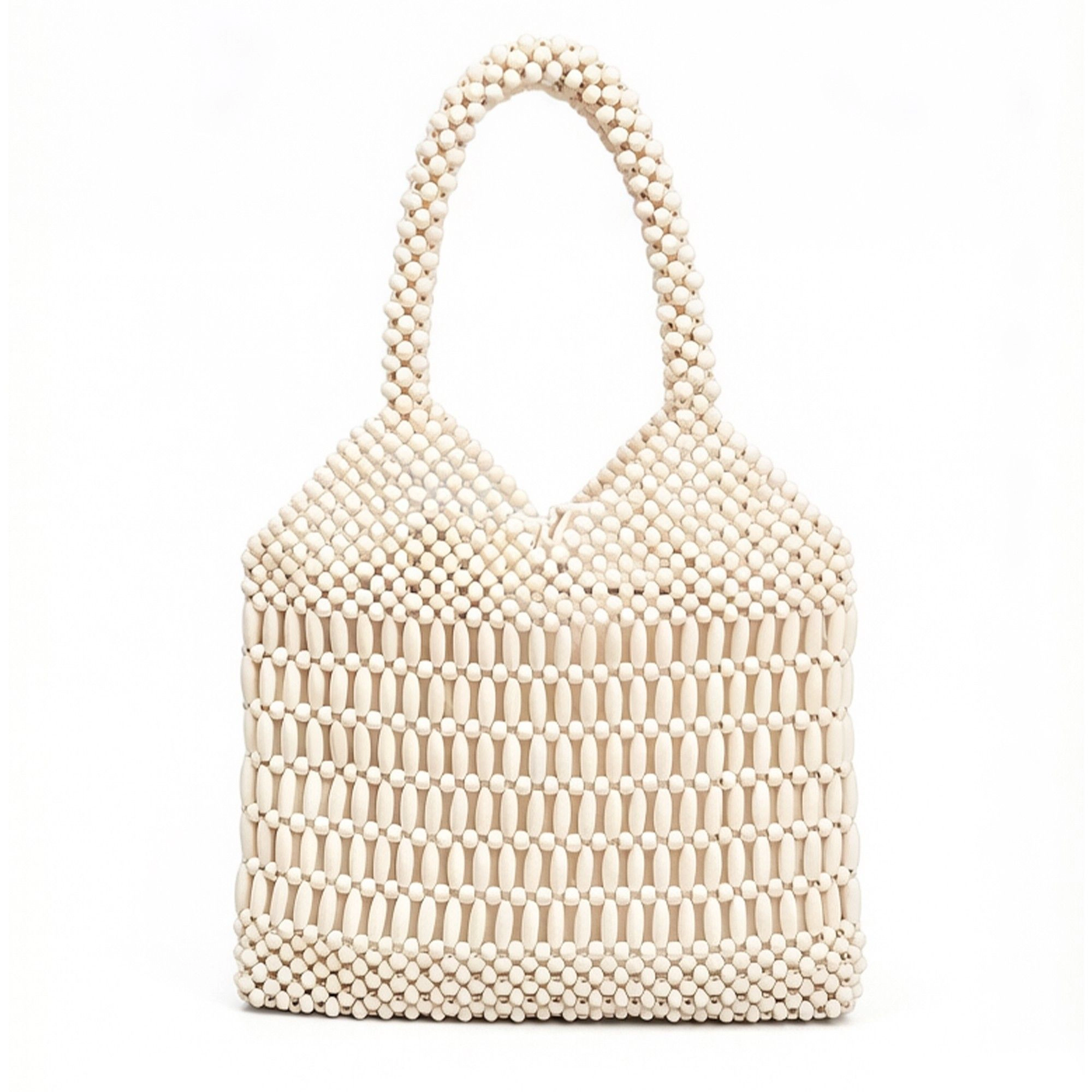Alilang Women's Beaded Tote Bag Structured Wooden Bead Handbag Open Weave Large Shoulder Bag Lightweight Carryall Purse