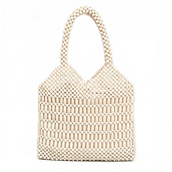 Alilang Women's Beaded Tote Bag Structured Wooden Bead Handbag Open Weave Large Shoulder Bag Lightweight Carryall Purse