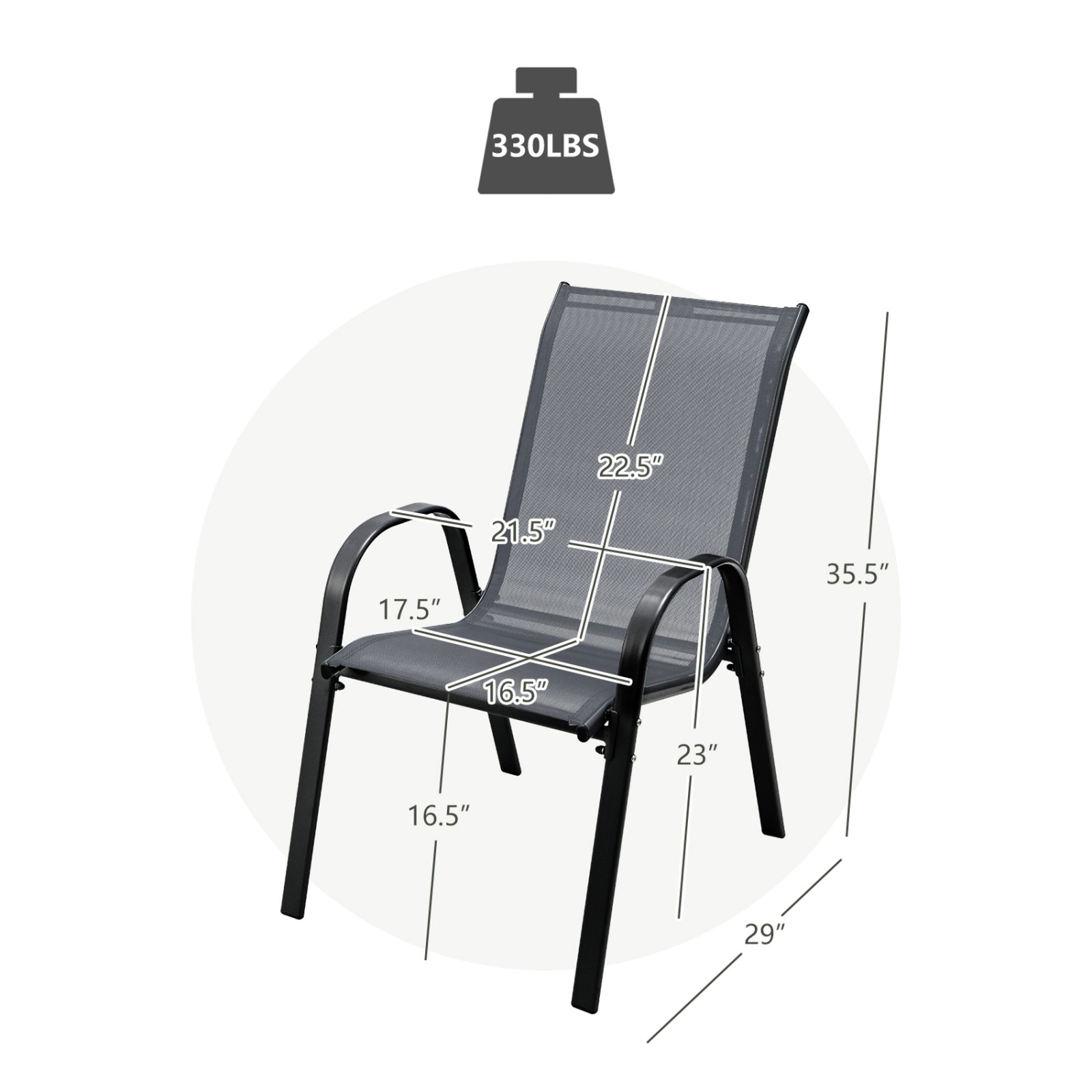 SUGIFT Set of 2 Grey Stackable Outdoor Patio Dining Chairs, Anti-Rust Steel Frame