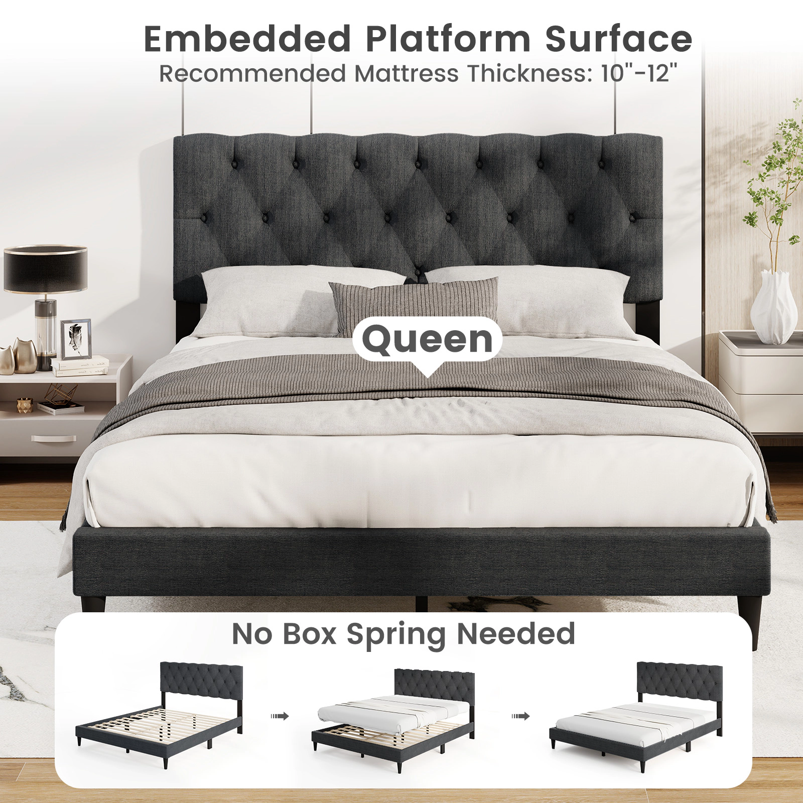 SUGIFT Upholstered Platform Bed Frame with Tufted 44-in Headboard 800-lb Capacity Gray Queen Size