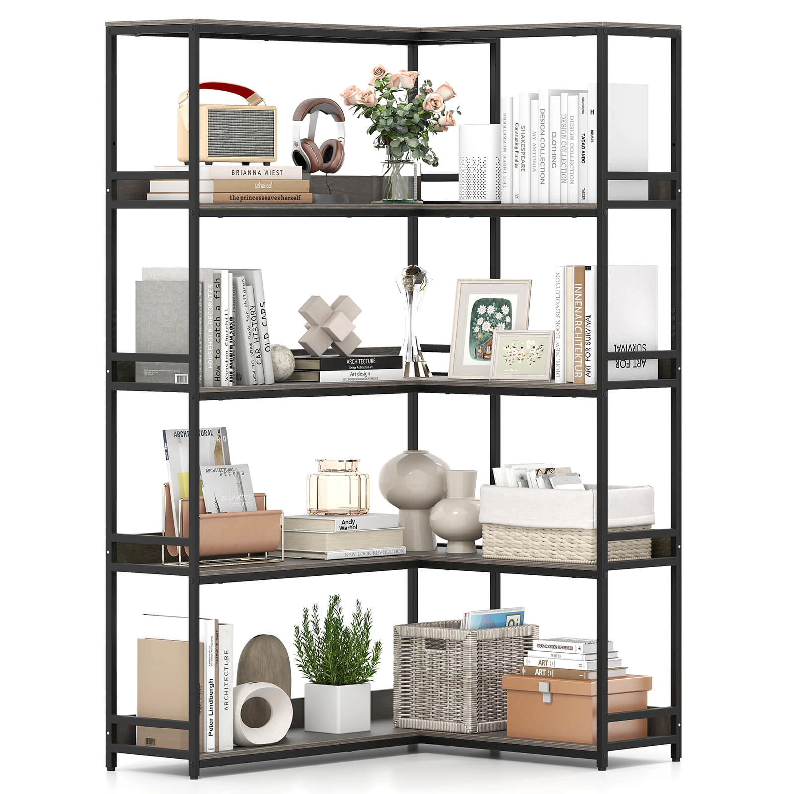 Costway Corner Bookshelf 5-Tier L-Shaped Bookcase 71" Tall Etagere Walnut