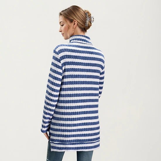 Anna-Kaci Women's Striped Ribbed Turtleneck Tunic Length Relaxed Fit Long Sleeve Pullover Top