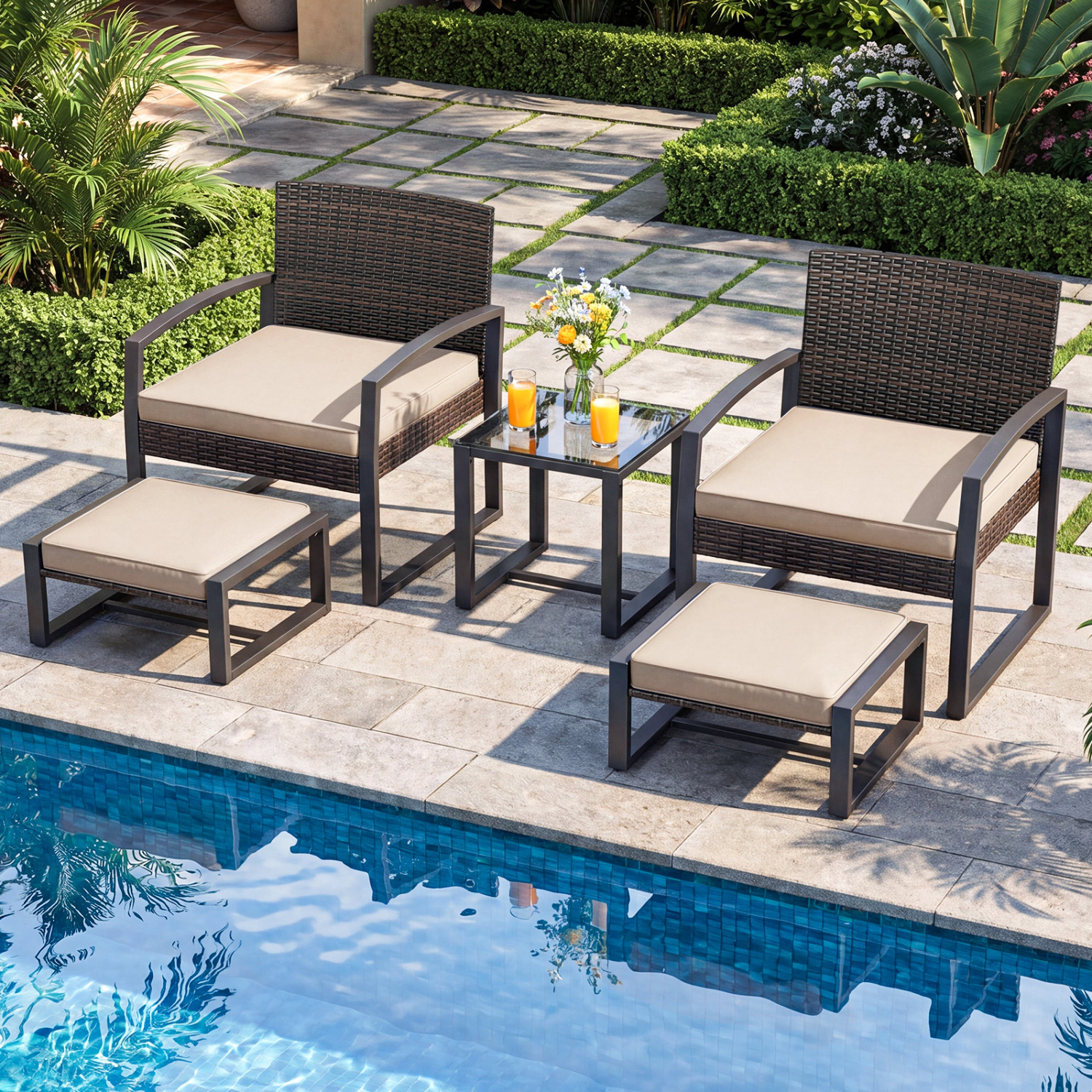 LJG 5-Piece Patio Conversation Set with 2 Ottomans and Tempered Glass Side Table