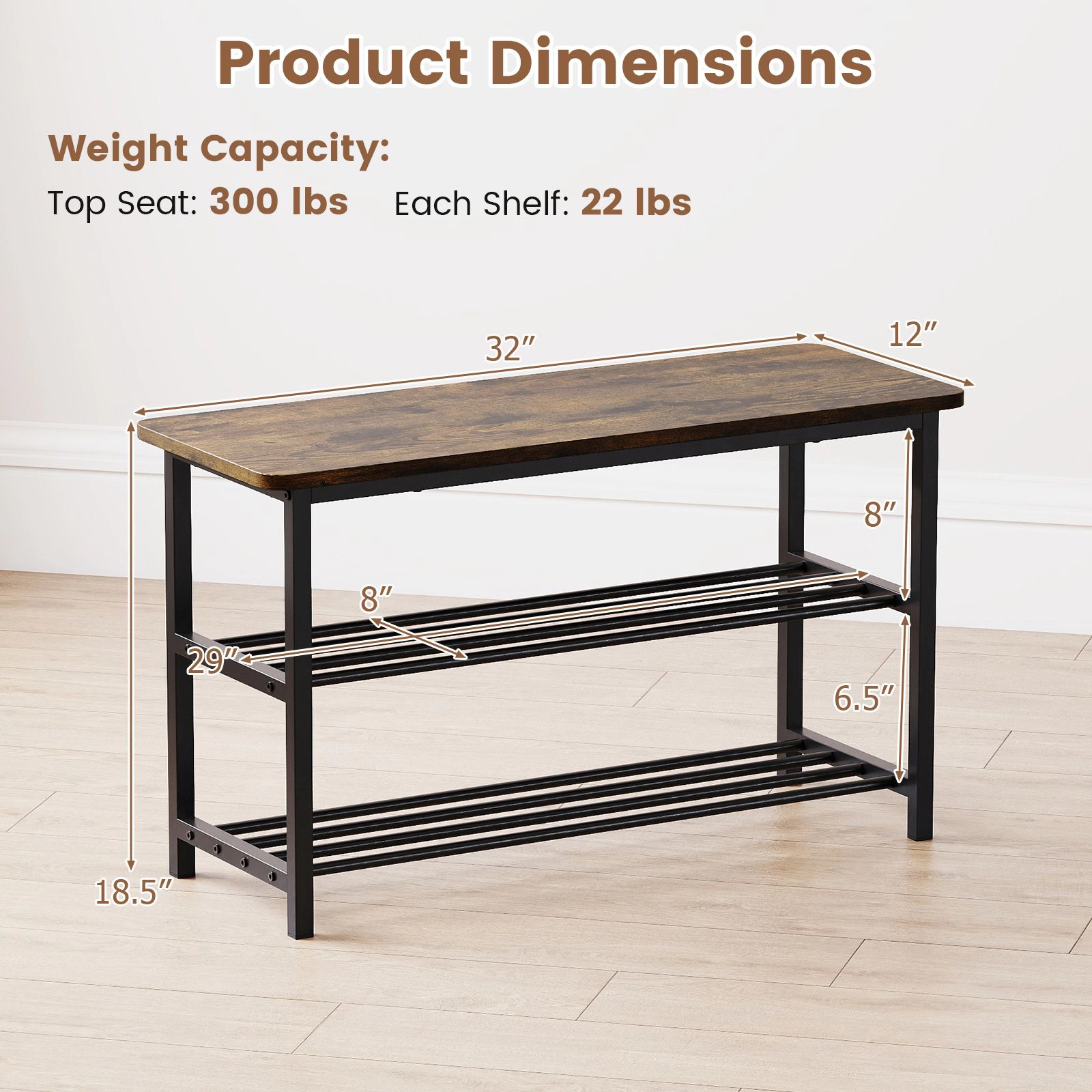 SlickBlue 3 Tier Shoe Rack Bench with Wooden Seat and Metal Shelves