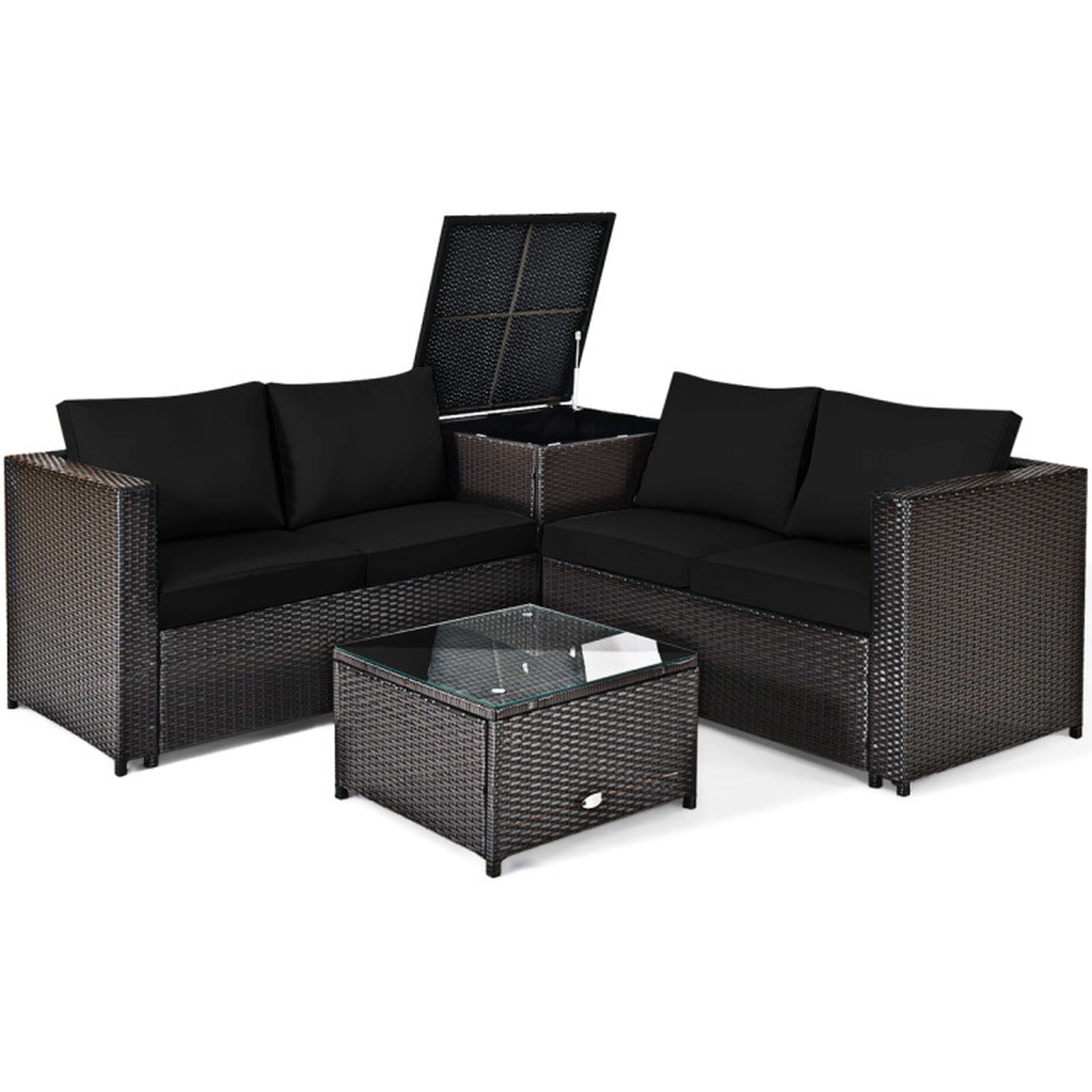 SUGIFT 4-Piece Black Rattan Patio Sectional Set with Loveseat, Coffee Table and Storage End Table