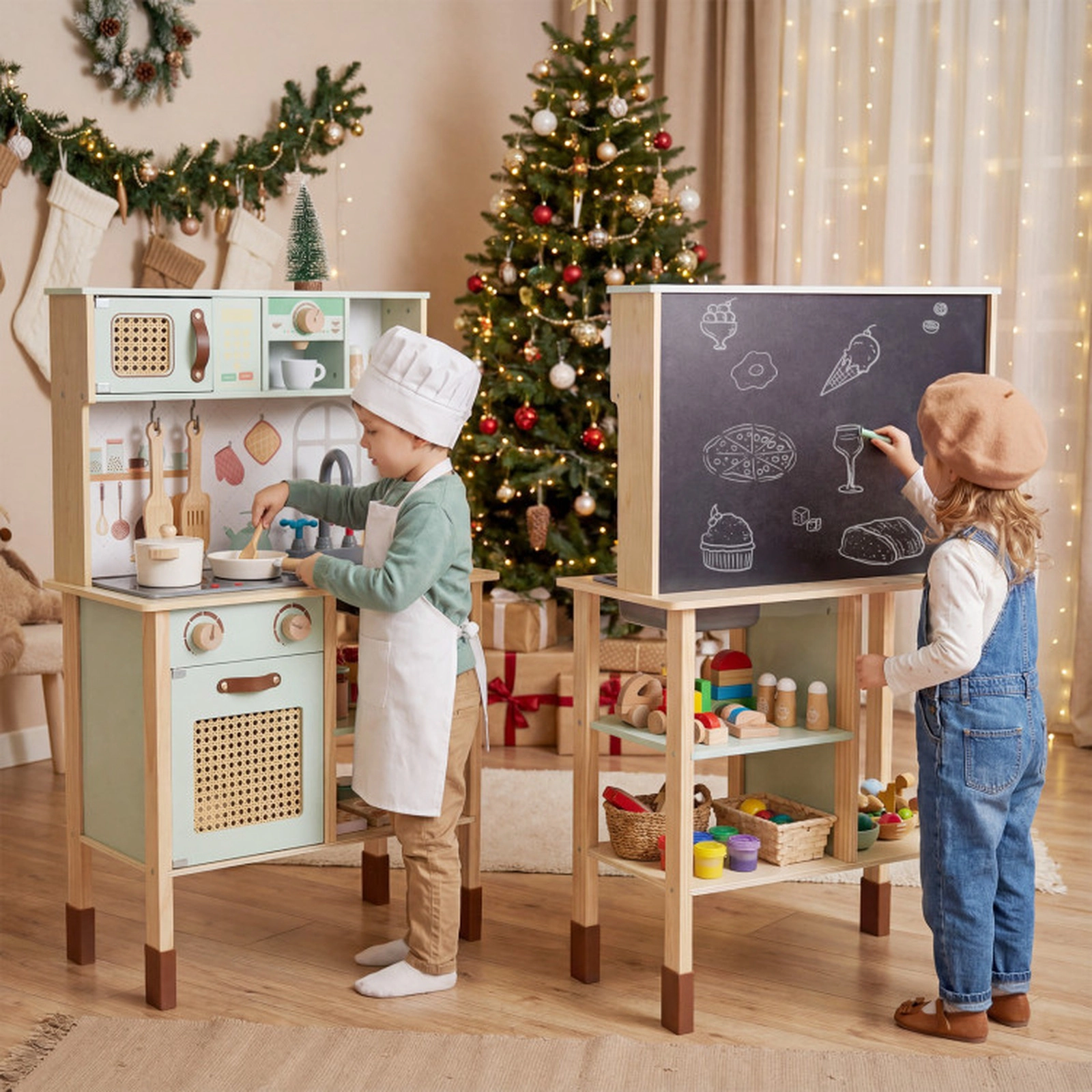 SUGIFT Wooden Play Kitchen with Lights and Sounds Retro Style for Kids 3+ Years 24-in Wide Green with Accessories