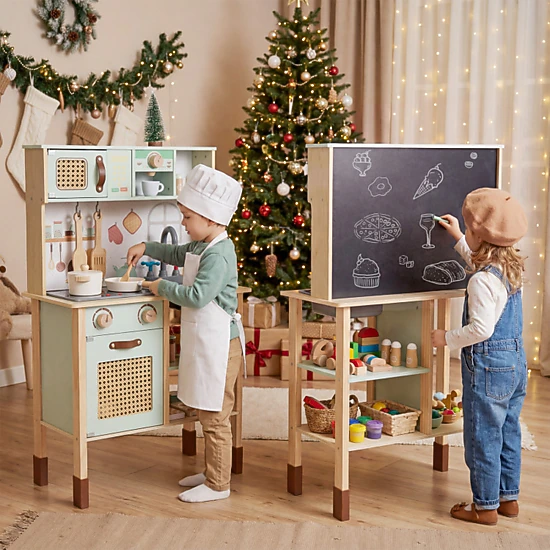 SUGIFT Wooden Play Kitchen with Lights and Sounds Retro Style for Kids 3+ Years 24-in Wide Green with Accessories