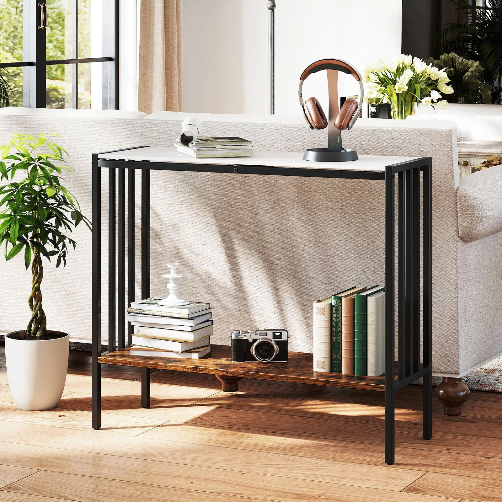 SlickBlue Modern Console Table with Sintered Stone Top and Shelf