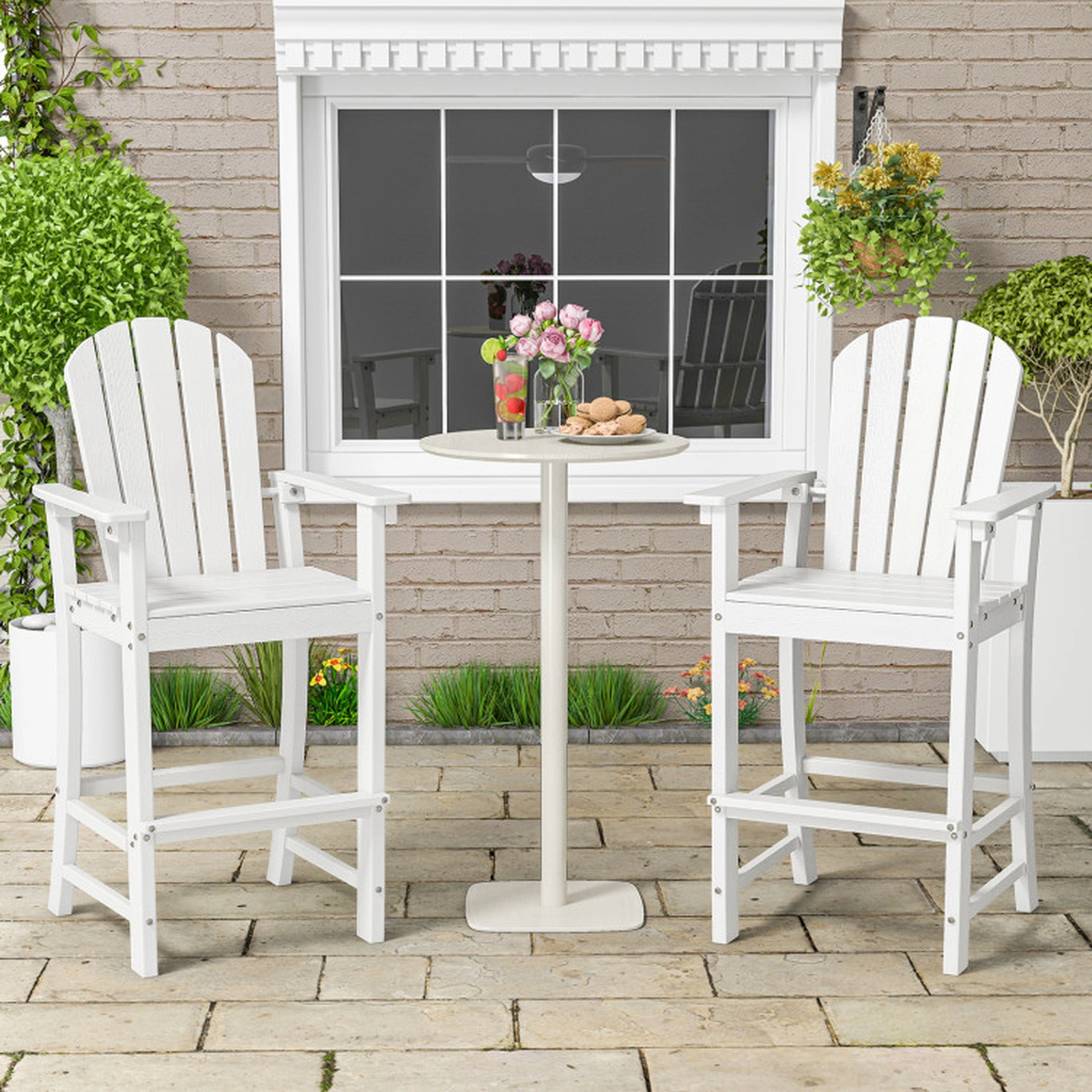 SUGIFT Set of 2 White HDPE Outdoor Counter-Height Bar Stools with Arms
