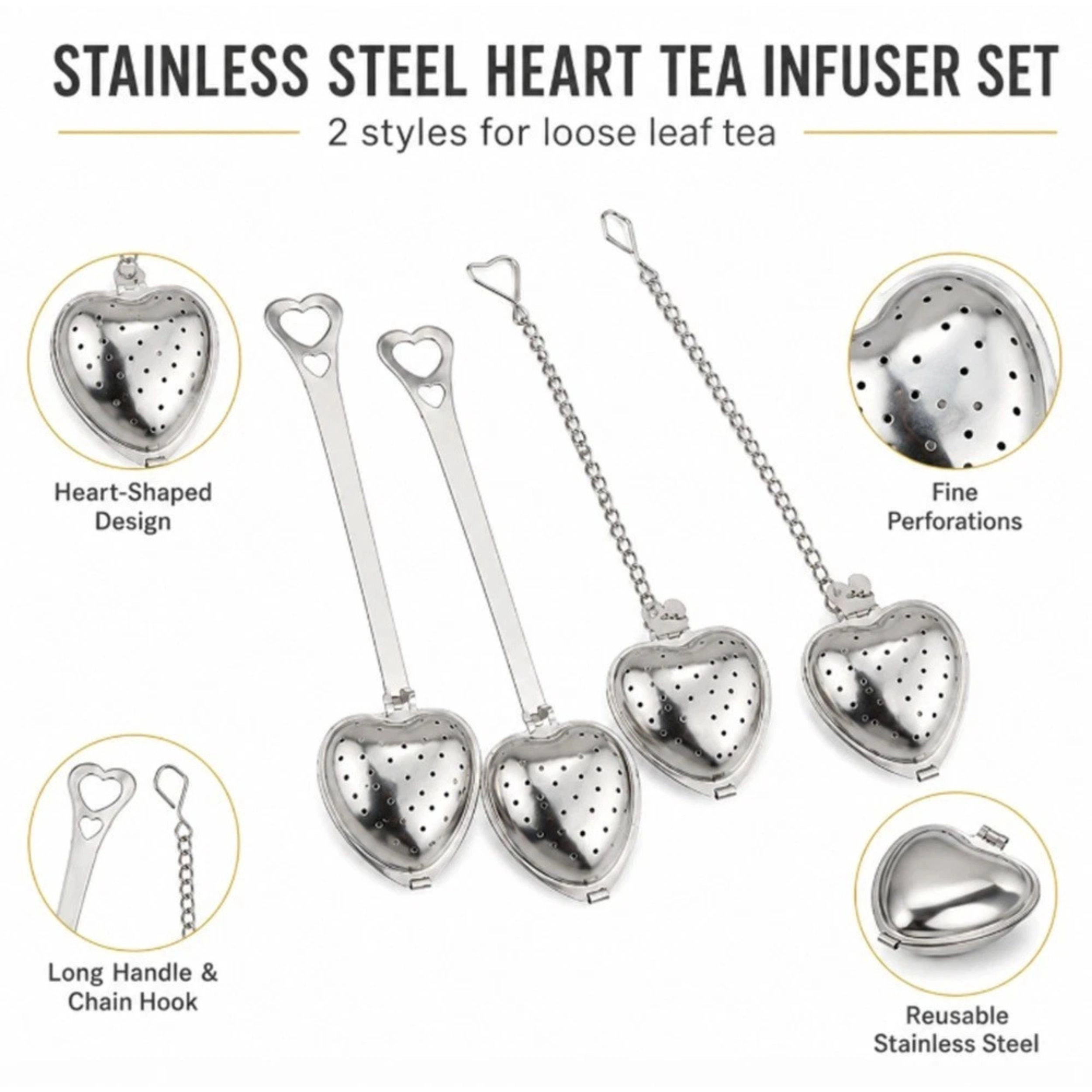 Home Collection Pack of 4 Heart Tea Infuser Stainless Steel Loose Leaf Tea Steeper Set