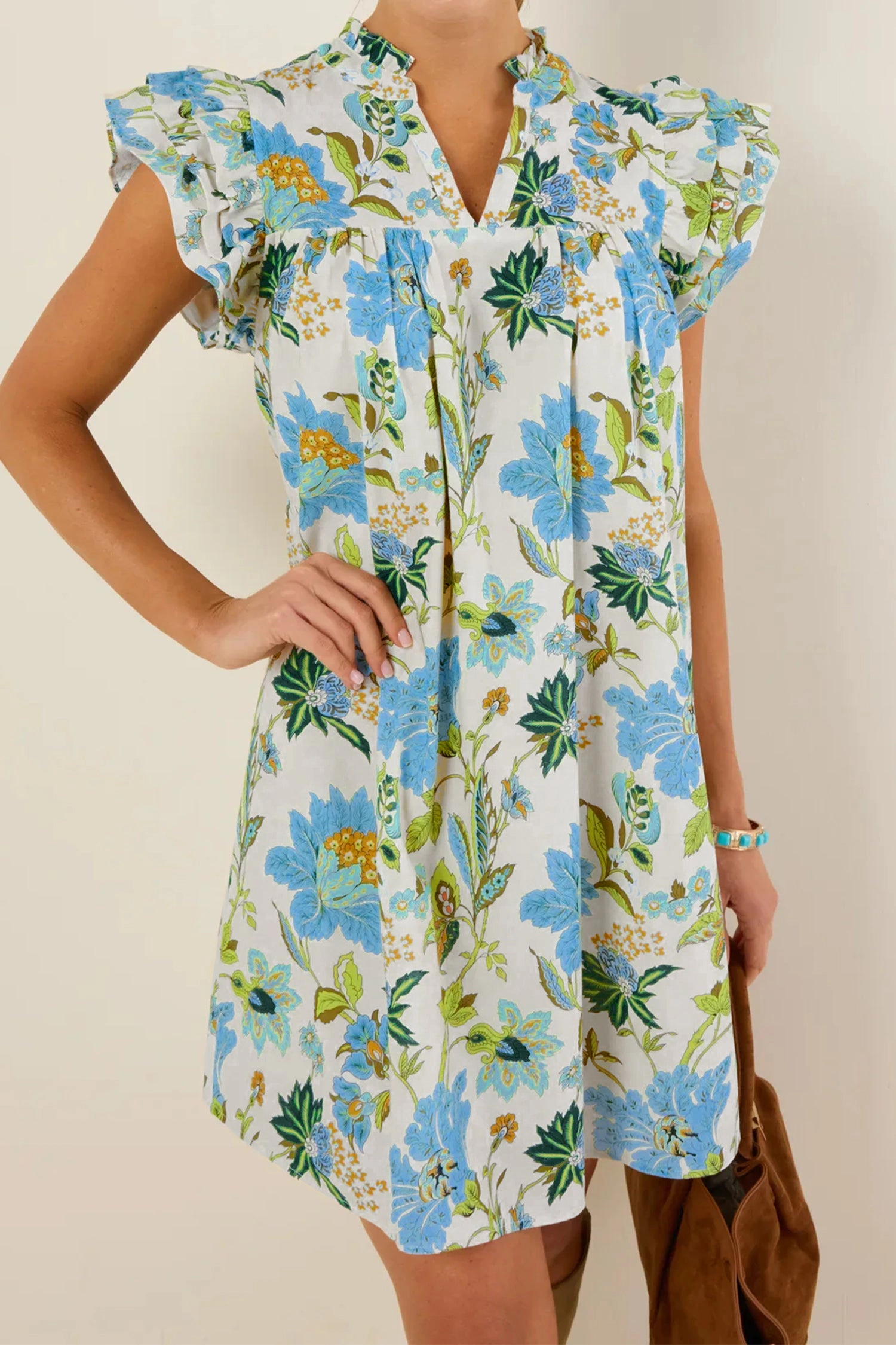 Threaded Pear Womens Giuliana Sleeve Shift Mini Dress - Floral V-Neck, Triple Ruffle Sleeves