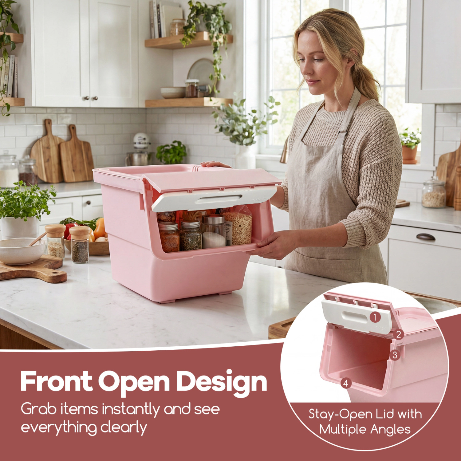SUGIFT 3-Pack Pink 12.5-qt Stackable Storage Bins with Lids Wheels and Front Opening for Closet Organizer