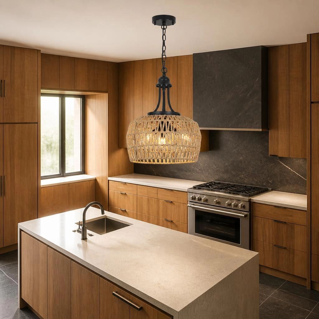 ELEMENT ACE Natural Rattan Metal Flush Mount Ceiling Light