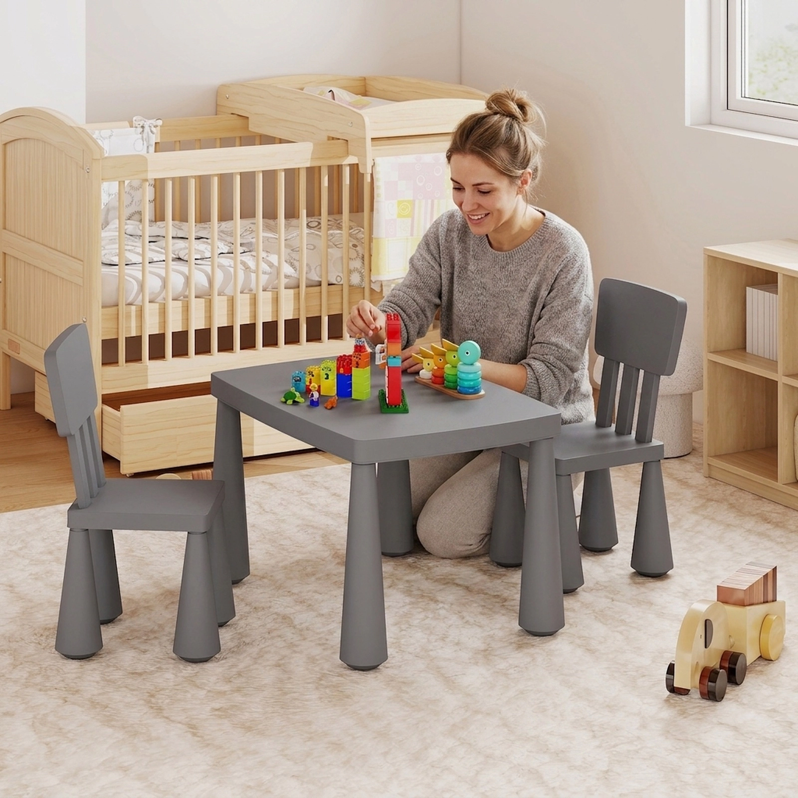 SUGIFT Kids Table and Chair Set, 3-Piece Gray PP Activity Table with 2 Chairs, 110-Lb Capacity