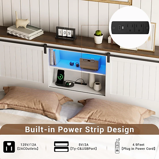 BebreezChic Platform Bed Frame with Charging Station, LED Light, Storage Bookcase & Barn Doors