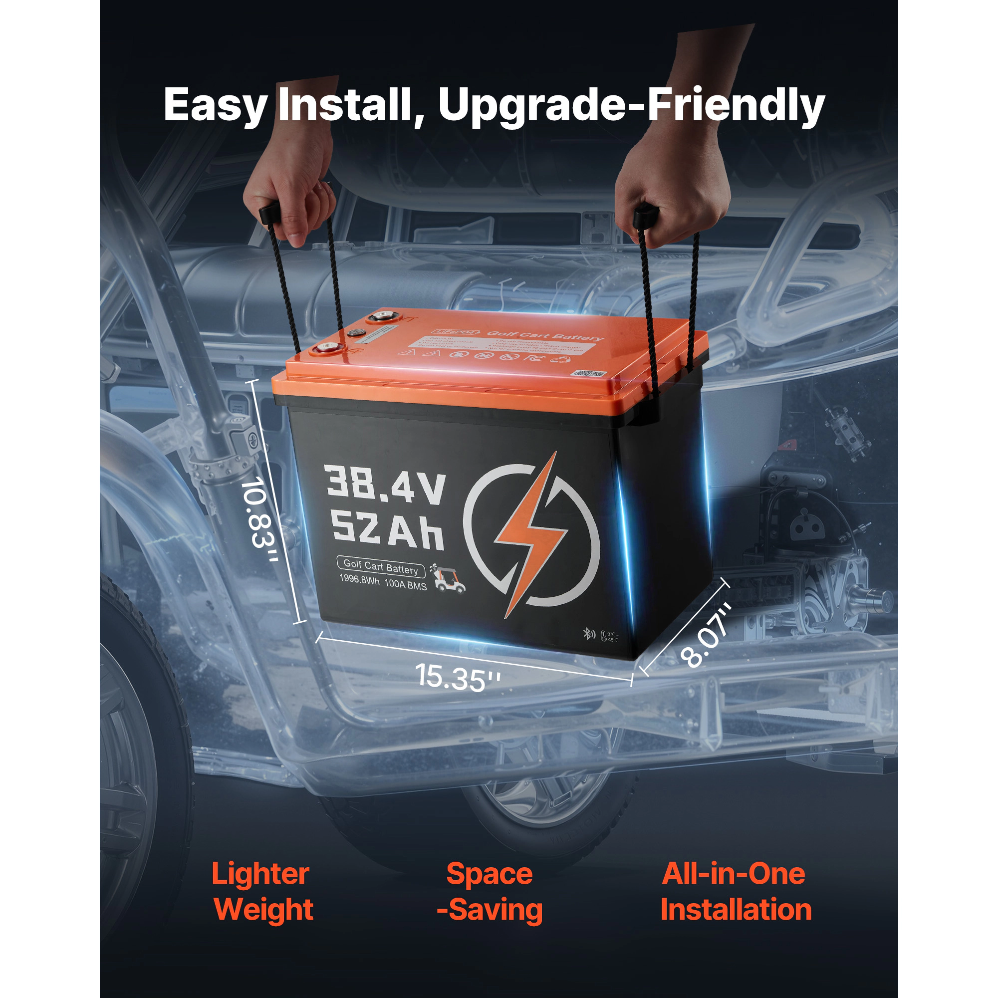 HONGGE Lithium Golf Cart Battery, with Charger, Lifepo4 Battery Kit, Built-in BMS, Bluetooth, 2C Discharge, 4000 Cycles