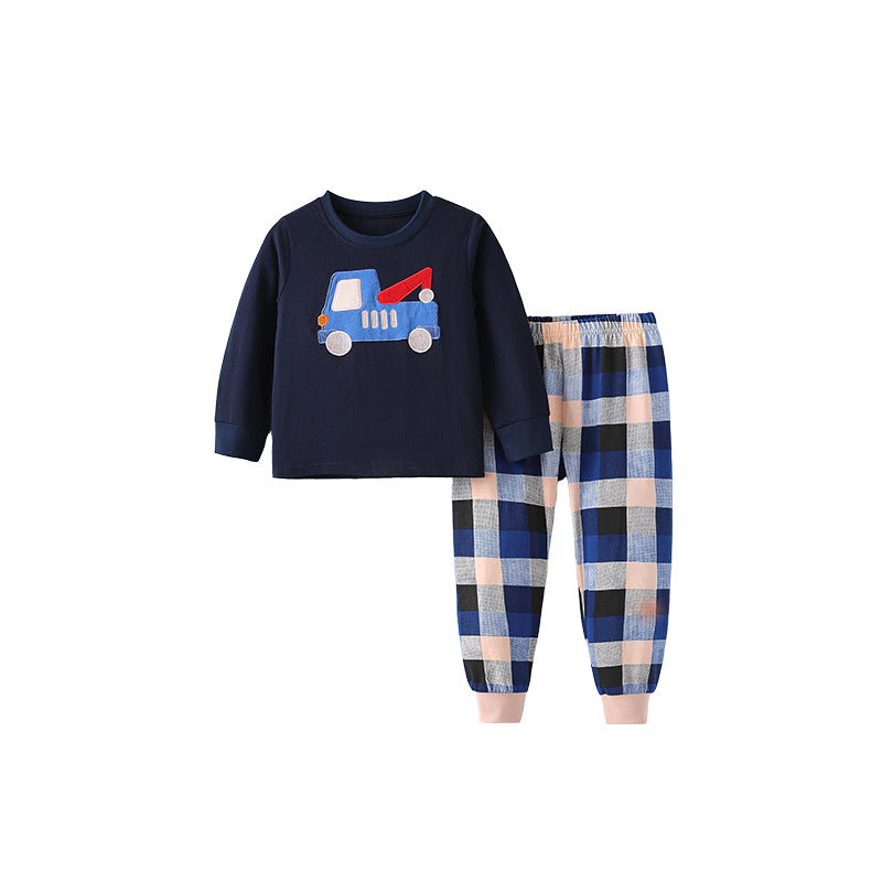 MyKids-USA Spring and Autumn Boys Cartoon Pattern Long Sleeves Top Plaid Pants Clothing Set