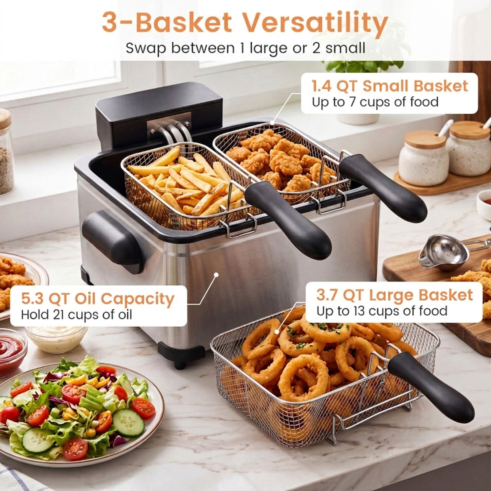 SUGIFT Silver Electric Deep Fryer with 3 Baskets LED Touch Screen and 6 Presets 5.3-Qt 1700W 13.5-in W 14-in D