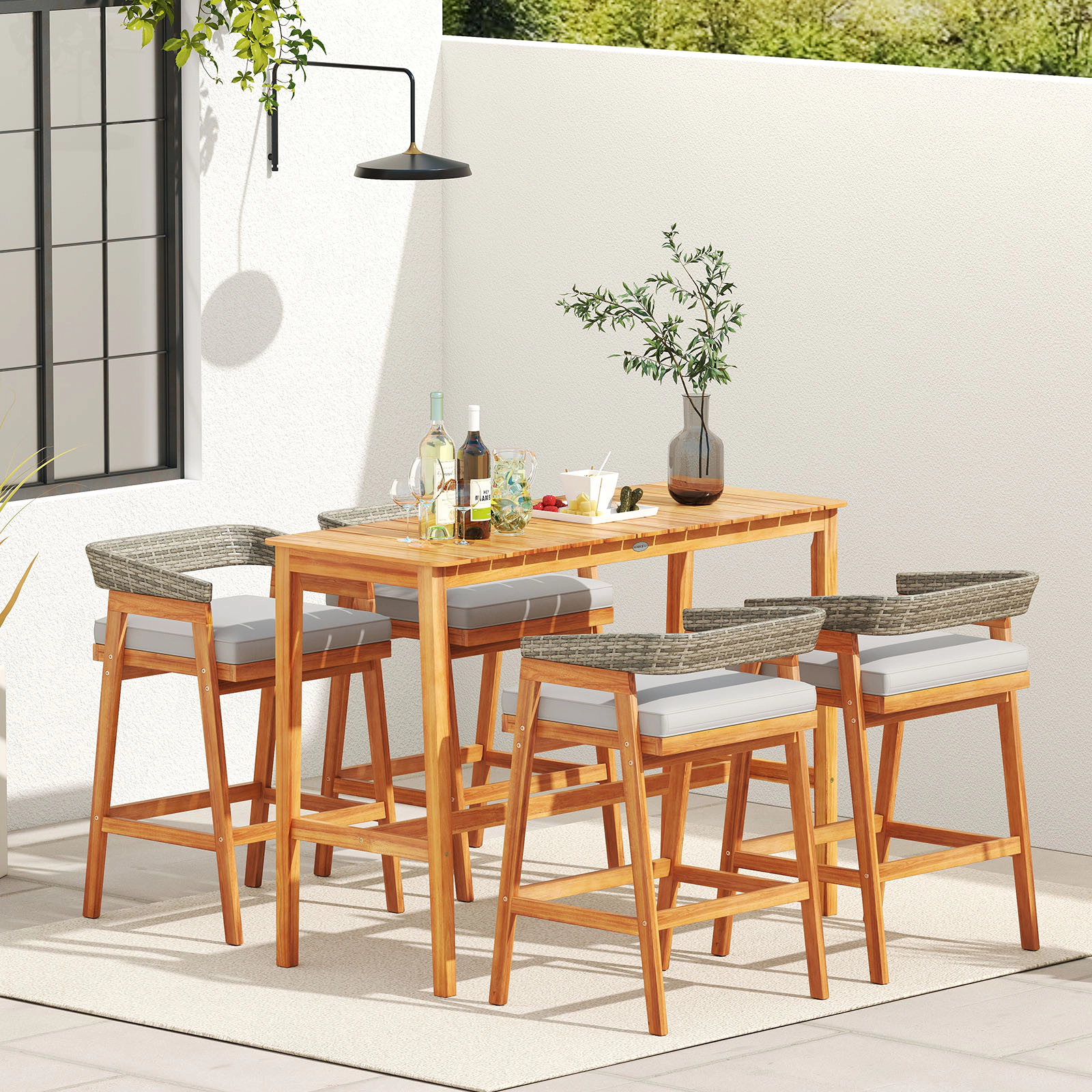 LJG Acacia Wood Counter Height Table with Slatted Tabletop and Footrest Crossbar