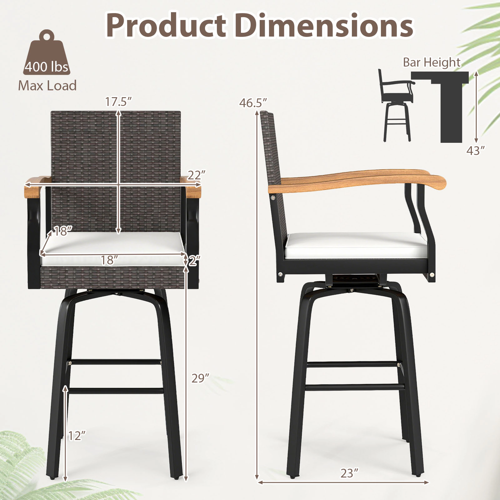 LJG One Outdoor 360° Swivel Bar Stool with Cushion and Acacia Wood Armrests