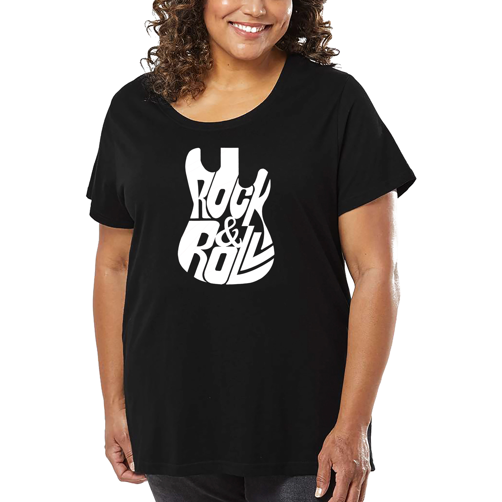 LA Pop Art Women's Plus Word T-Shirt - Rock And Roll Guitar